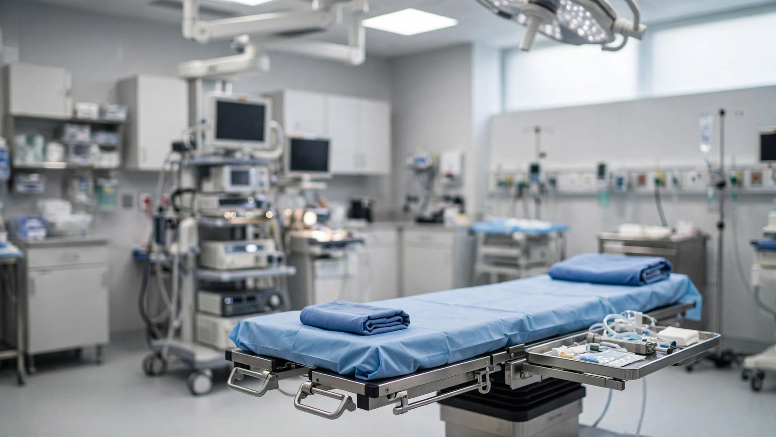 An empty endoscopy procedure room with a procedure table and medical equipment under bright clinical lighting