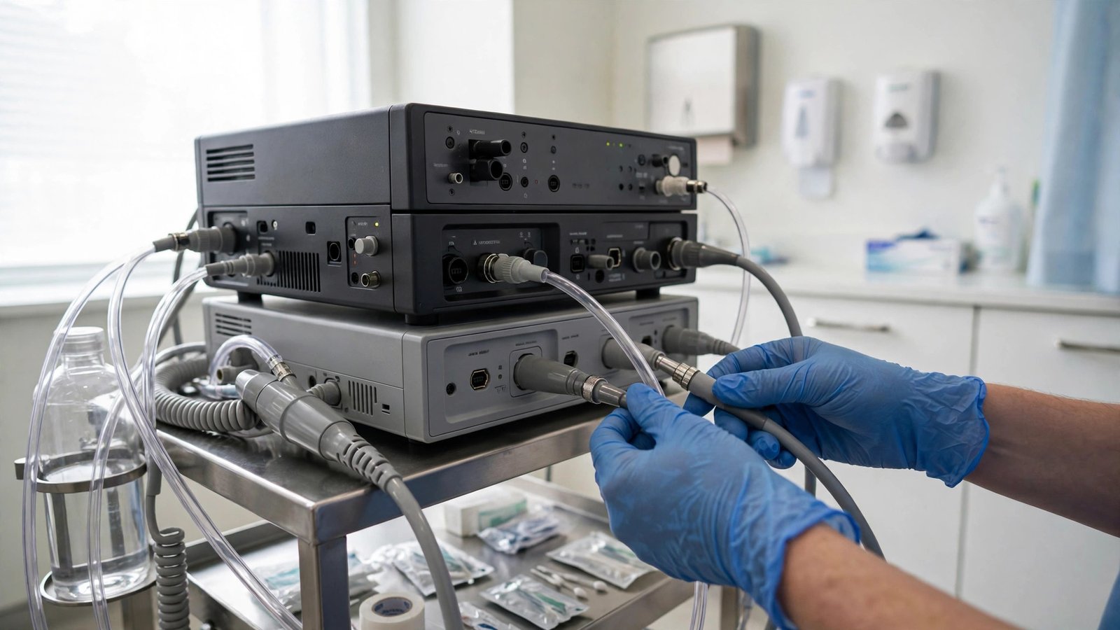 A clinician wearing blue gloves adjusting endoscopy equipment in a clinic room
