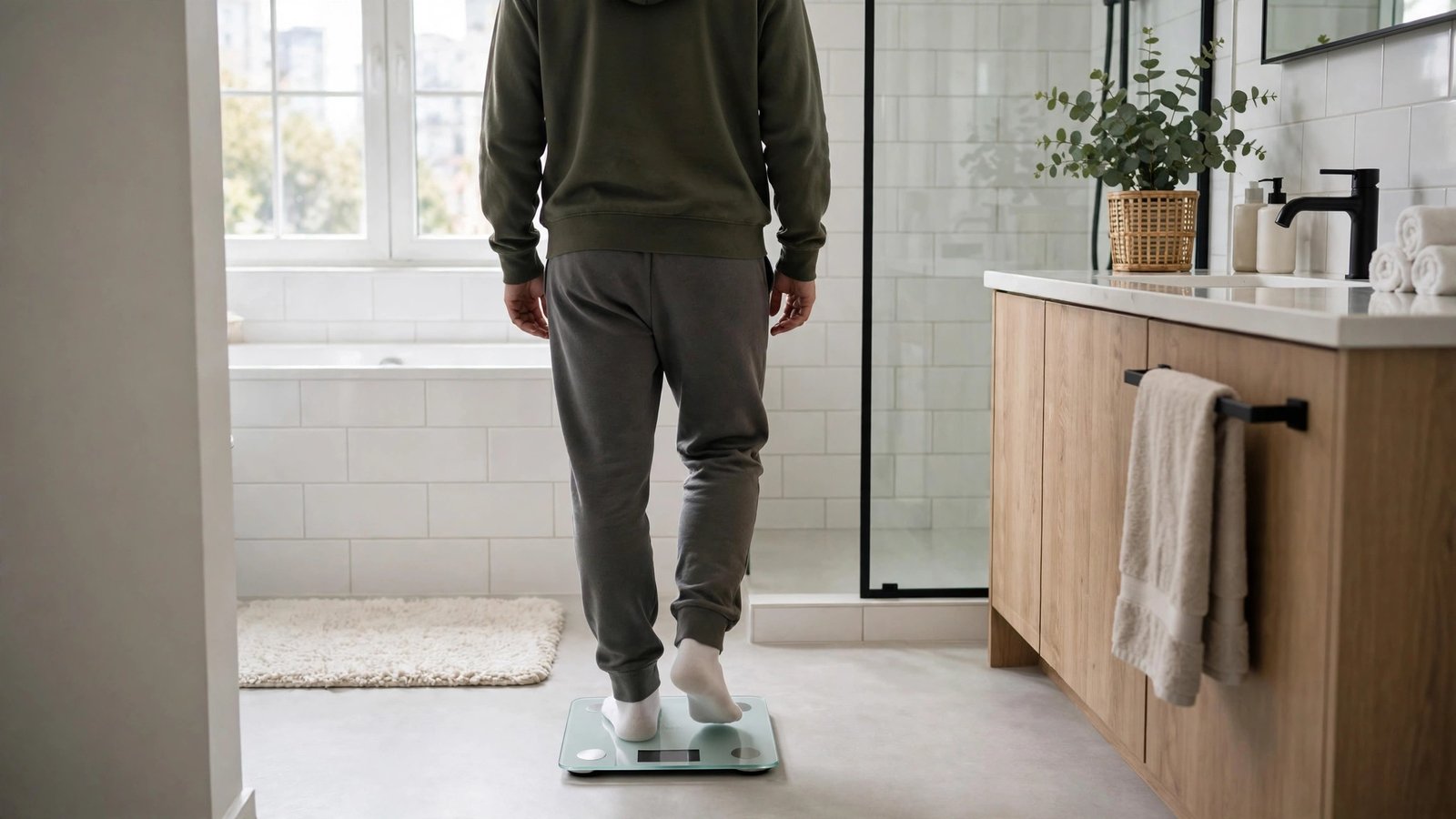 A person seen from behind stepping onto a digital bathroom scale in a bright bathroom