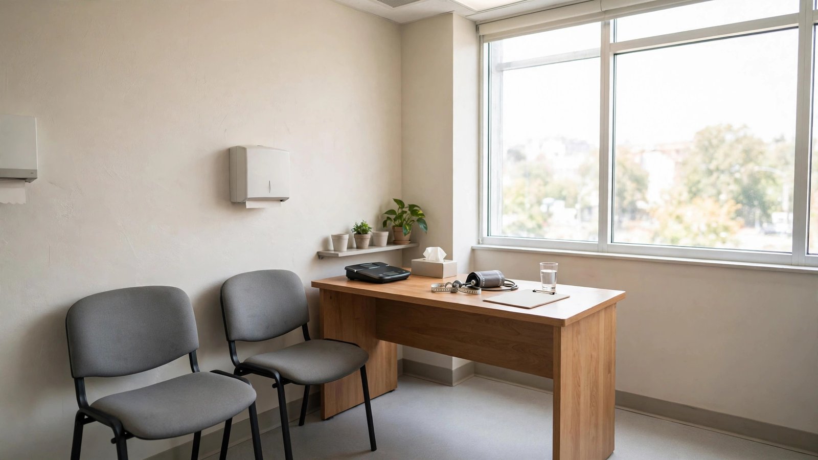 An empty weight management clinic consultation room with chairs, a desk, and a blood pressure cuff