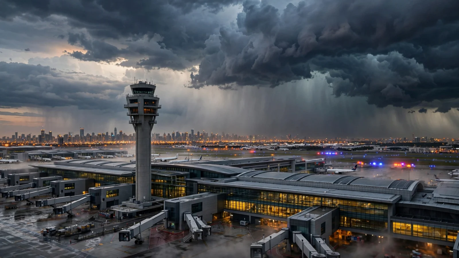 An international airport terminal and control tower under dark storm clouds at dusk, with city lights on the horizon.