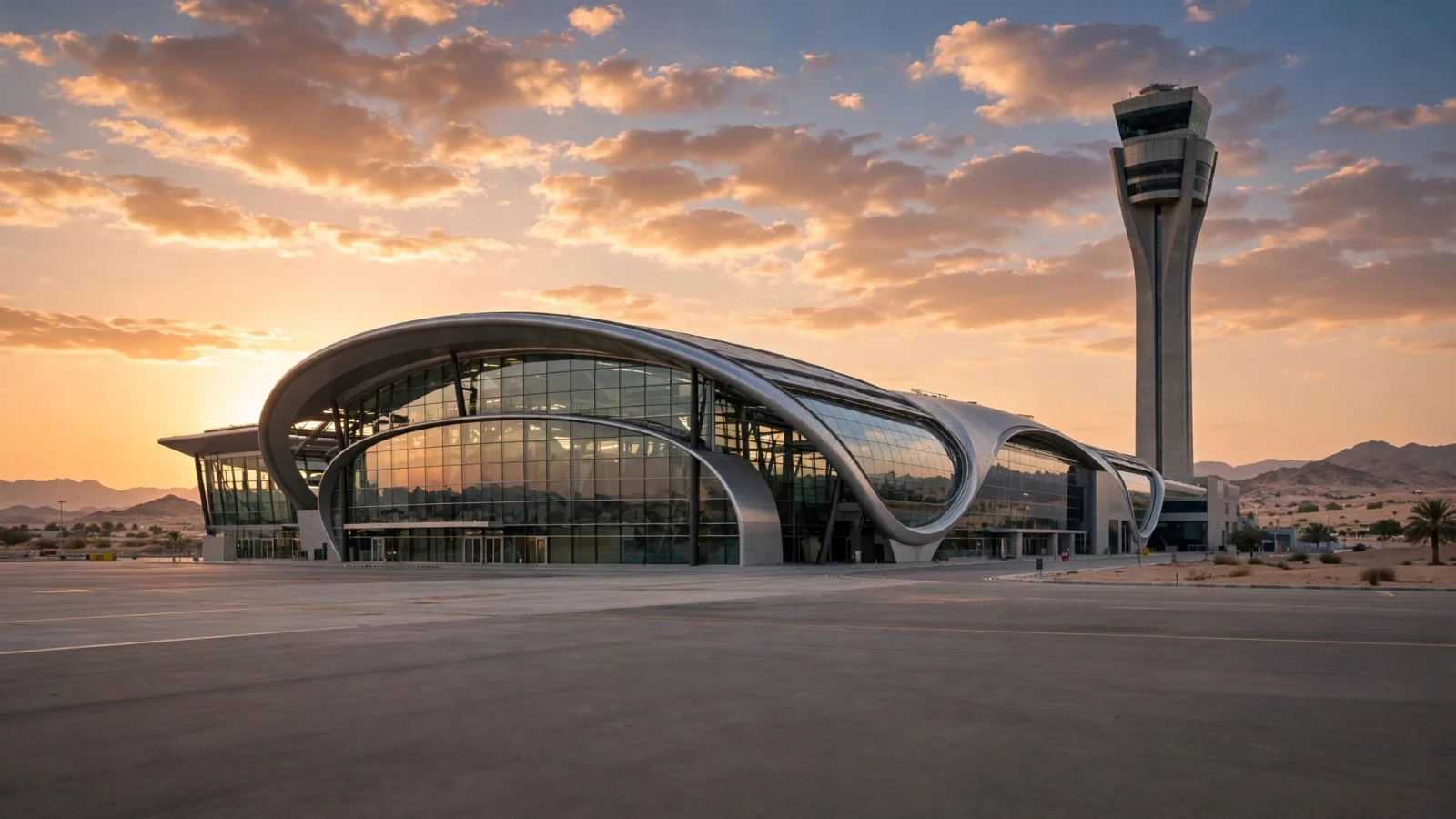 Modern airport terminal exterior with a control tower under an evening sky