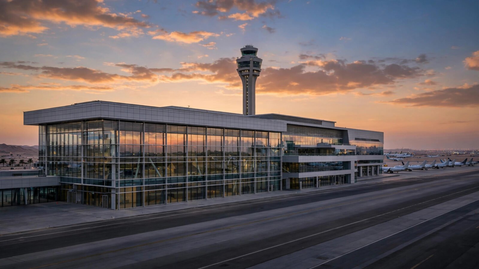 A modern airport terminal and control tower at dusk, with empty taxiway in the foreground.