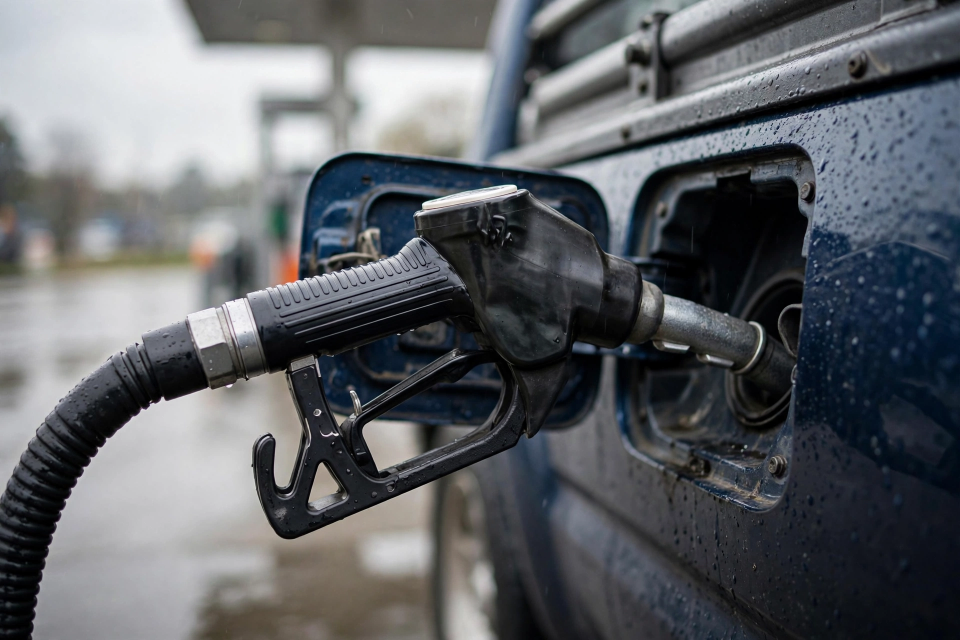 Close-up of a diesel fuel pump nozzle inserted into a pickup truck at a gas station
