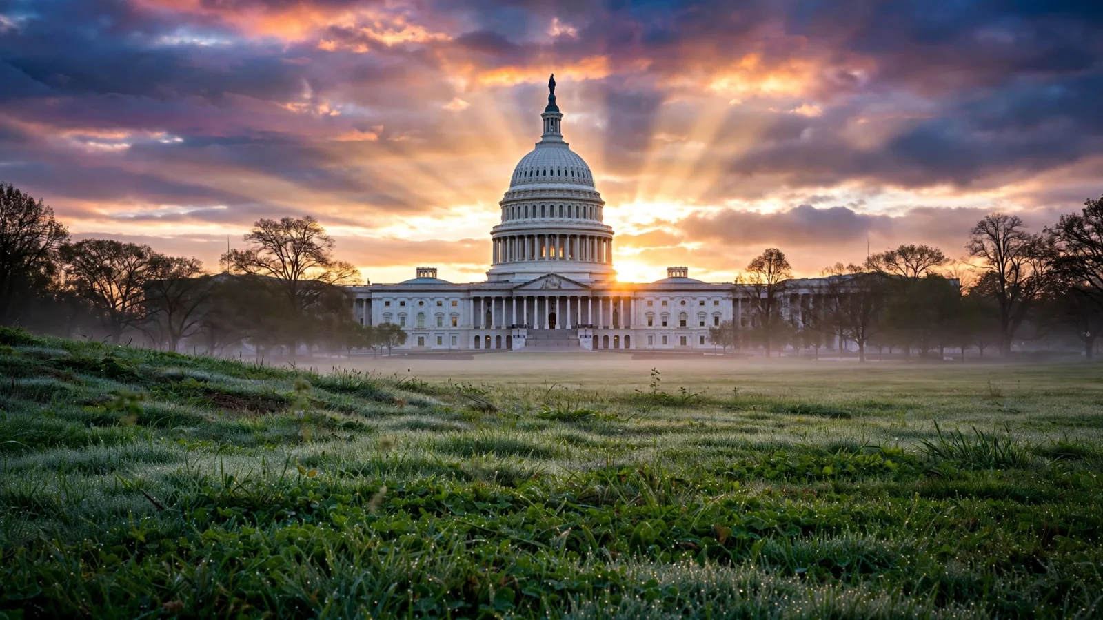 The U.S. Capitol dome photographed at sunrise with the lawn in the foreground