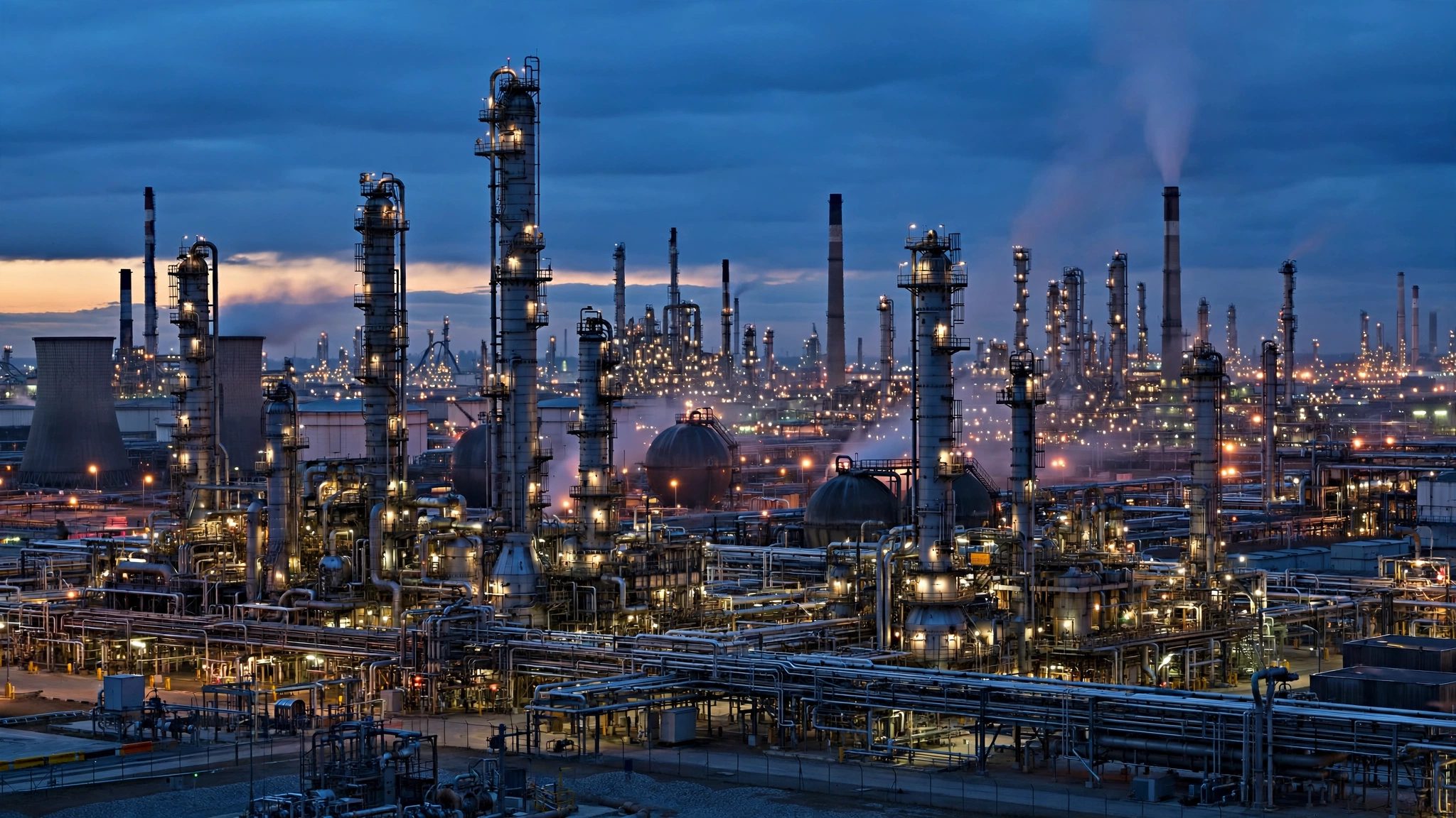 An oil refinery complex photographed at dusk with illuminated distillation towers