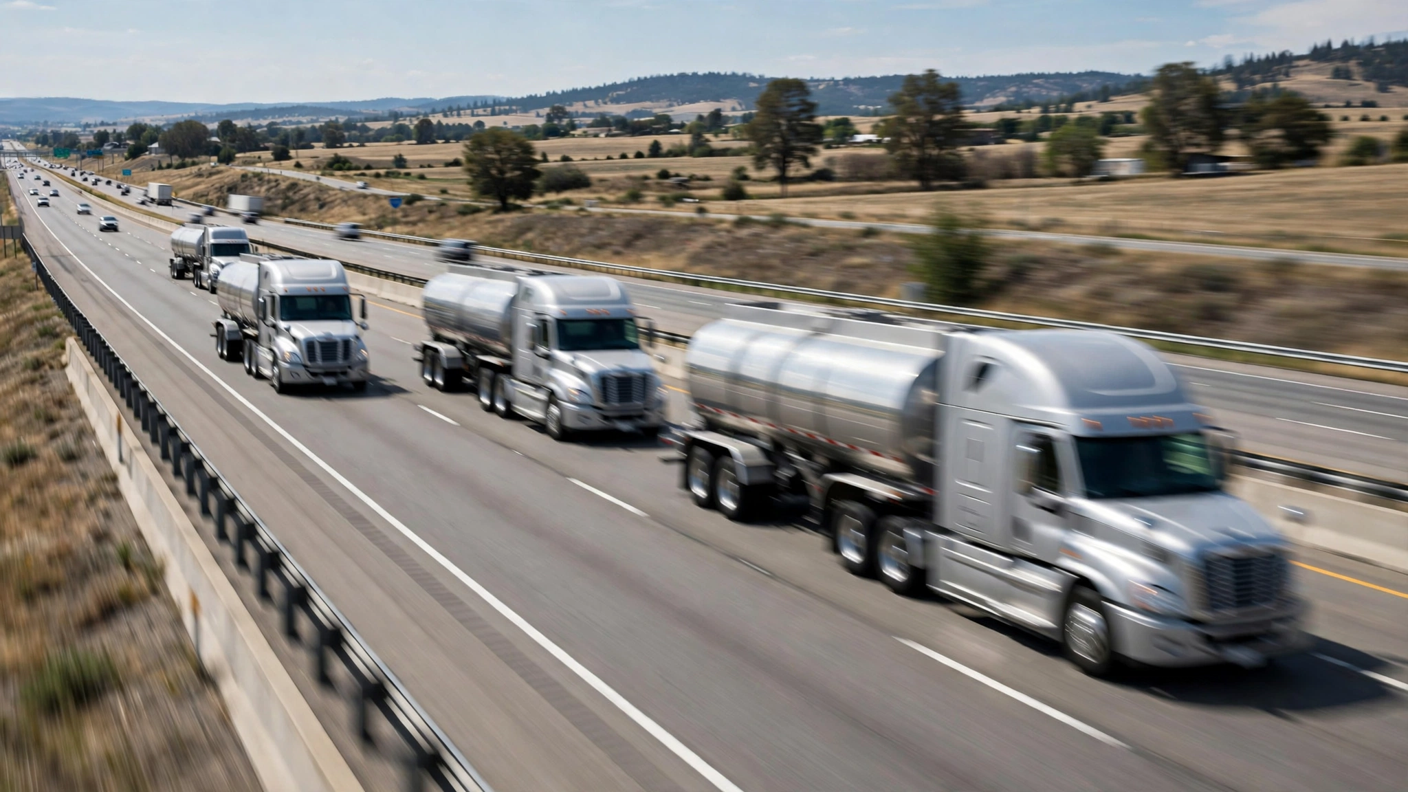 Silver fuel tanker trucks driving on an American interstate highway