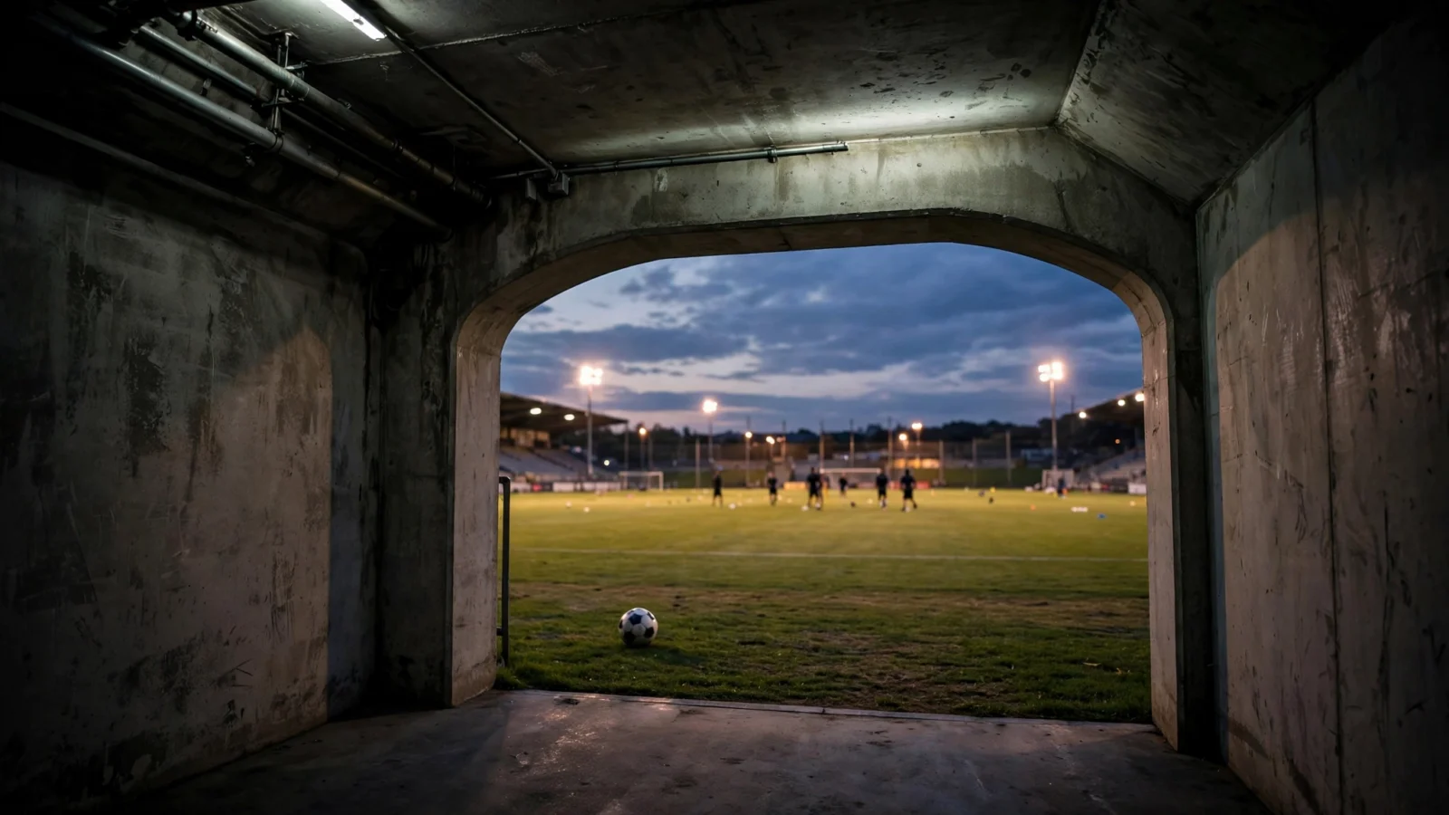 A soccer ball on the grass at the mouth of a concrete stadium tunnel at dusk, with floodlights illuminating a training pitch and indistinct figures in the distance
