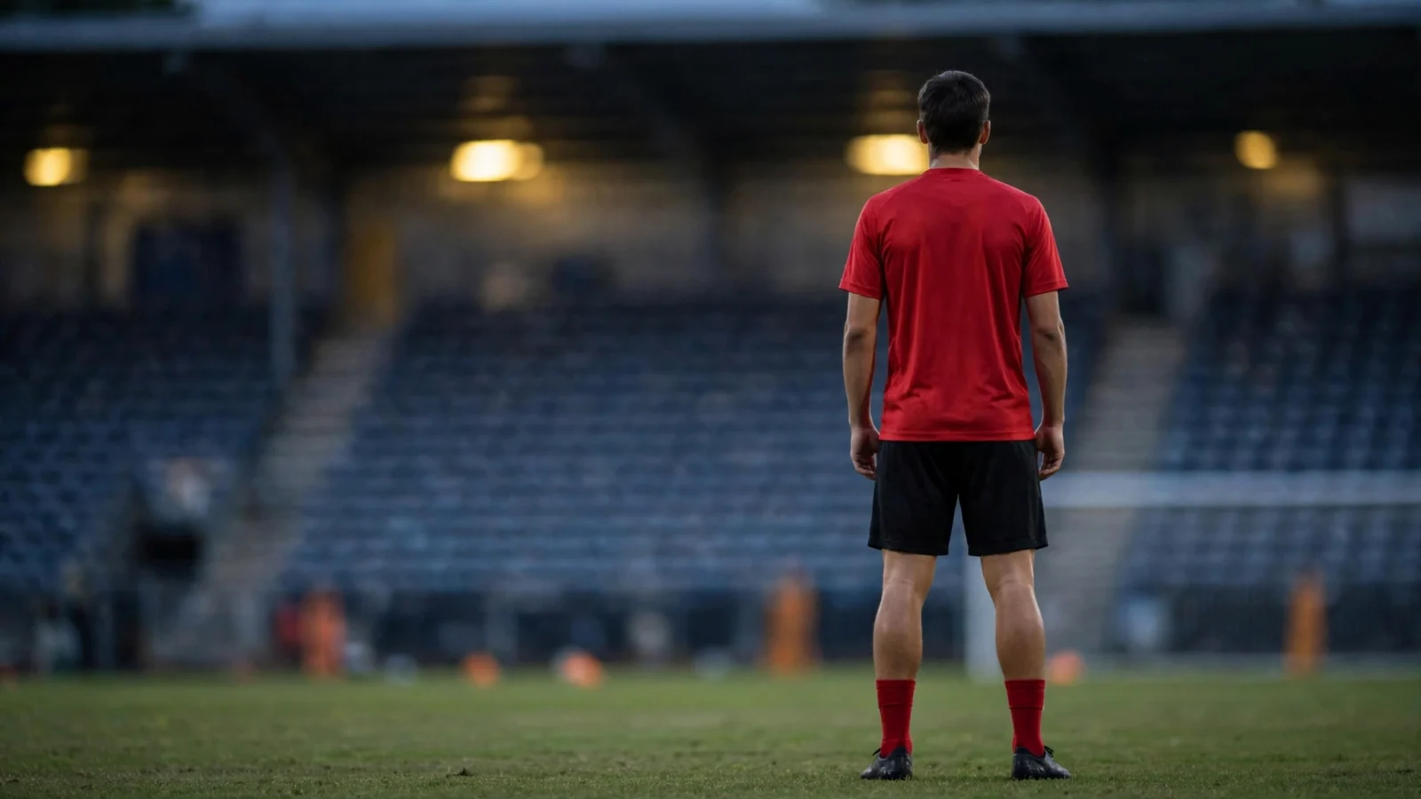 An anonymous soccer player in a red jersey viewed from behind on a training pitch at dusk