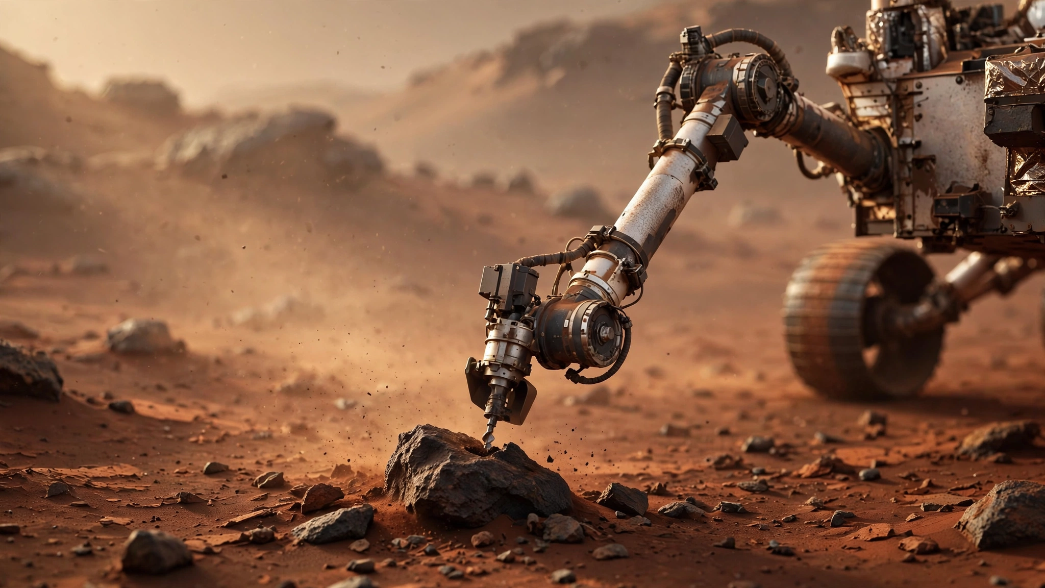 A Mars rover's robotic arm drilling into a dark rock on the red Martian surface.