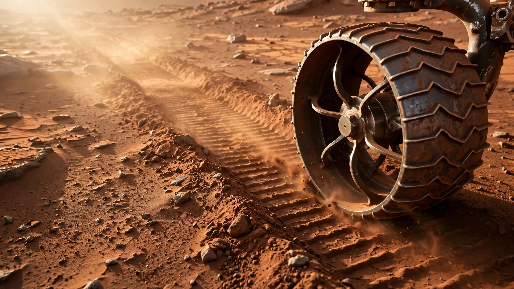 A close-up of a Mars rover's metal wheel leaving deep tracks in red Martian soil.