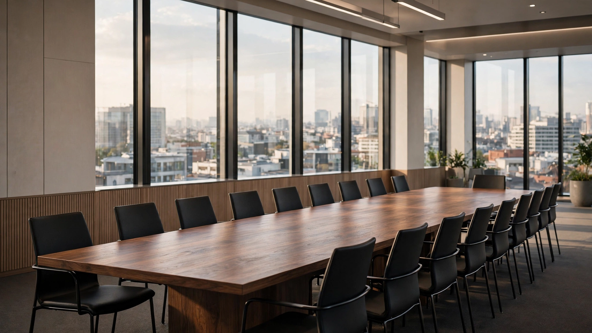 An empty meeting room with a long wooden table overlooking a city skyline.
