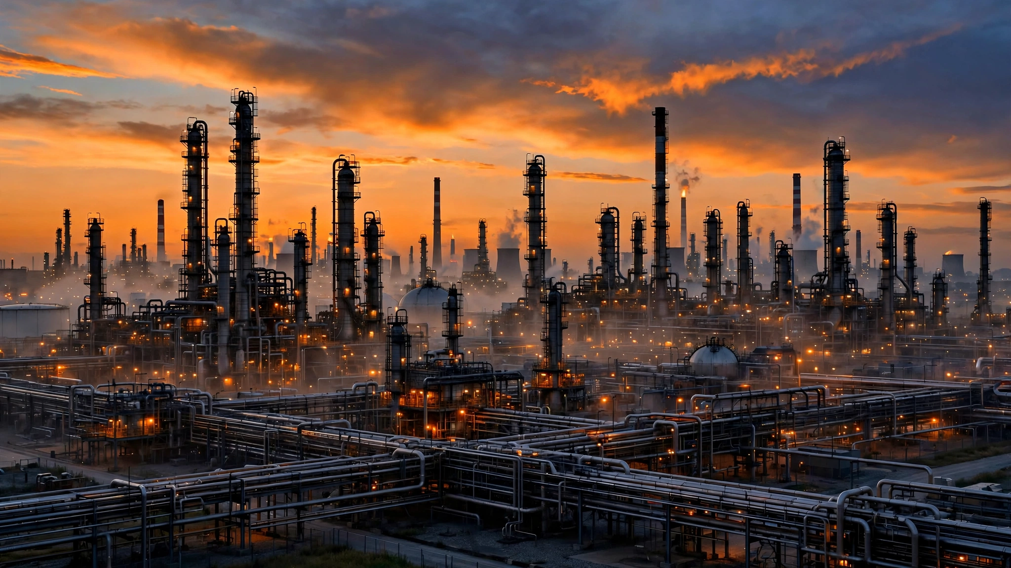 An oil refinery with towers and pipelines silhouetted against a sunset sky.