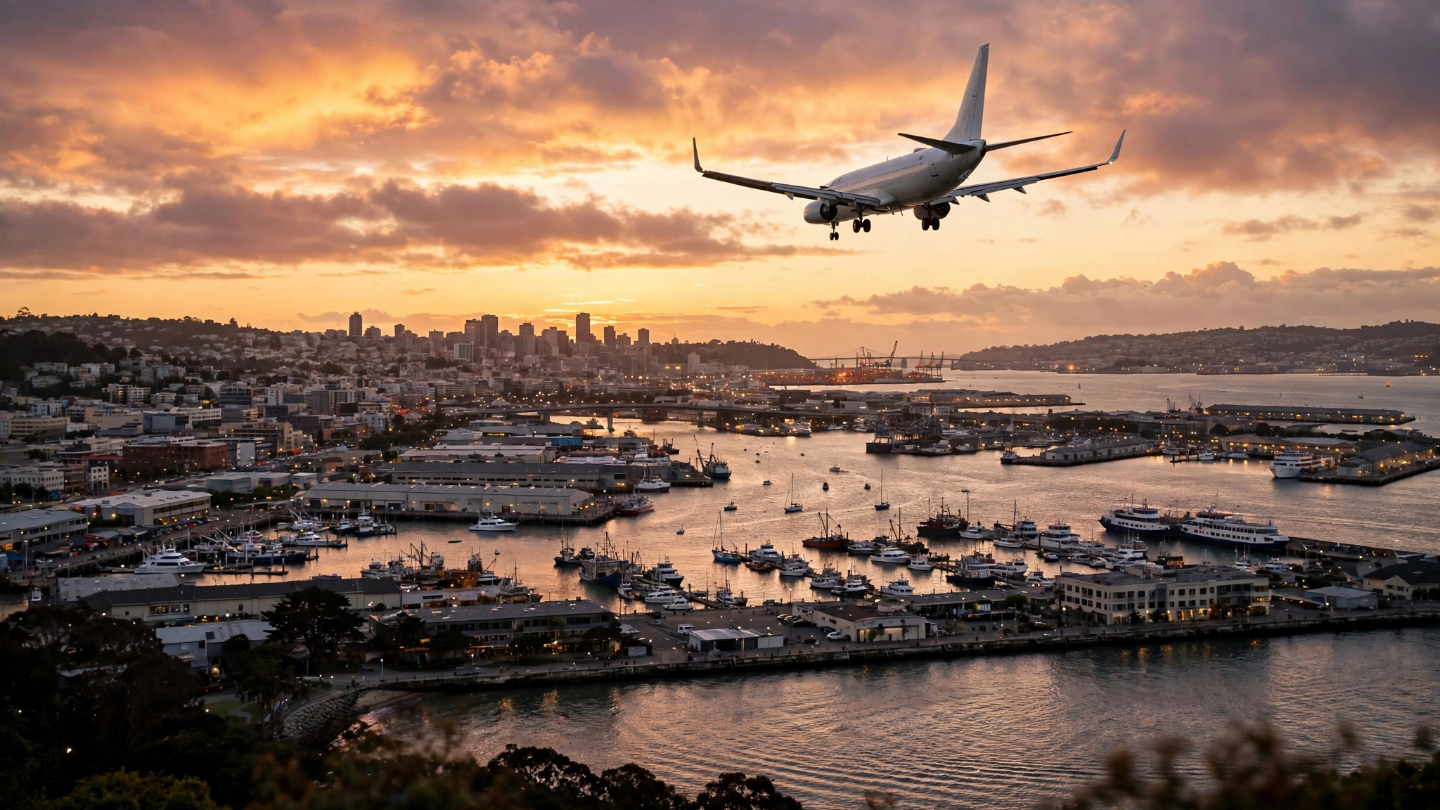 A commercial airplane lands over a coastal harbor city at dusk.