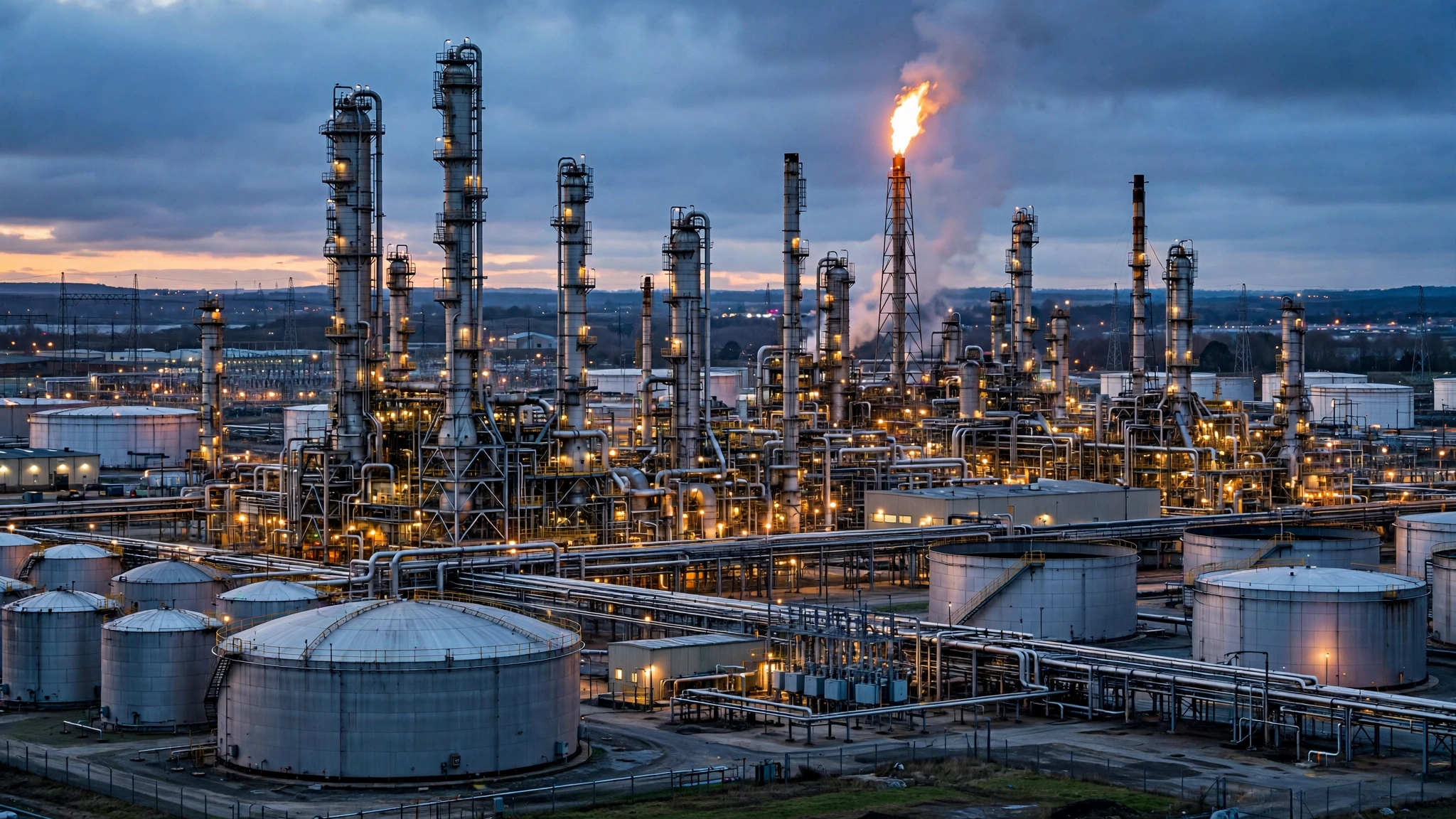 A large oil refinery complex with distillation towers and storage tanks lit up at dusk