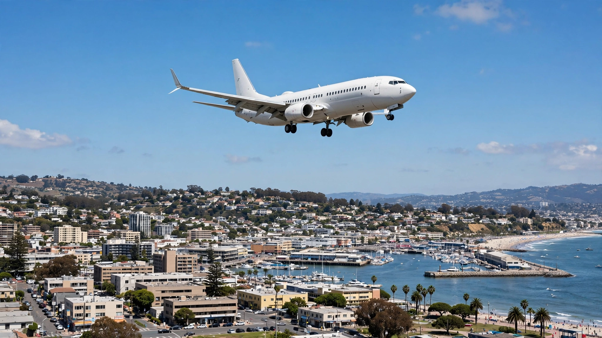 A white commercial airplane descending toward a coastal city in daylight