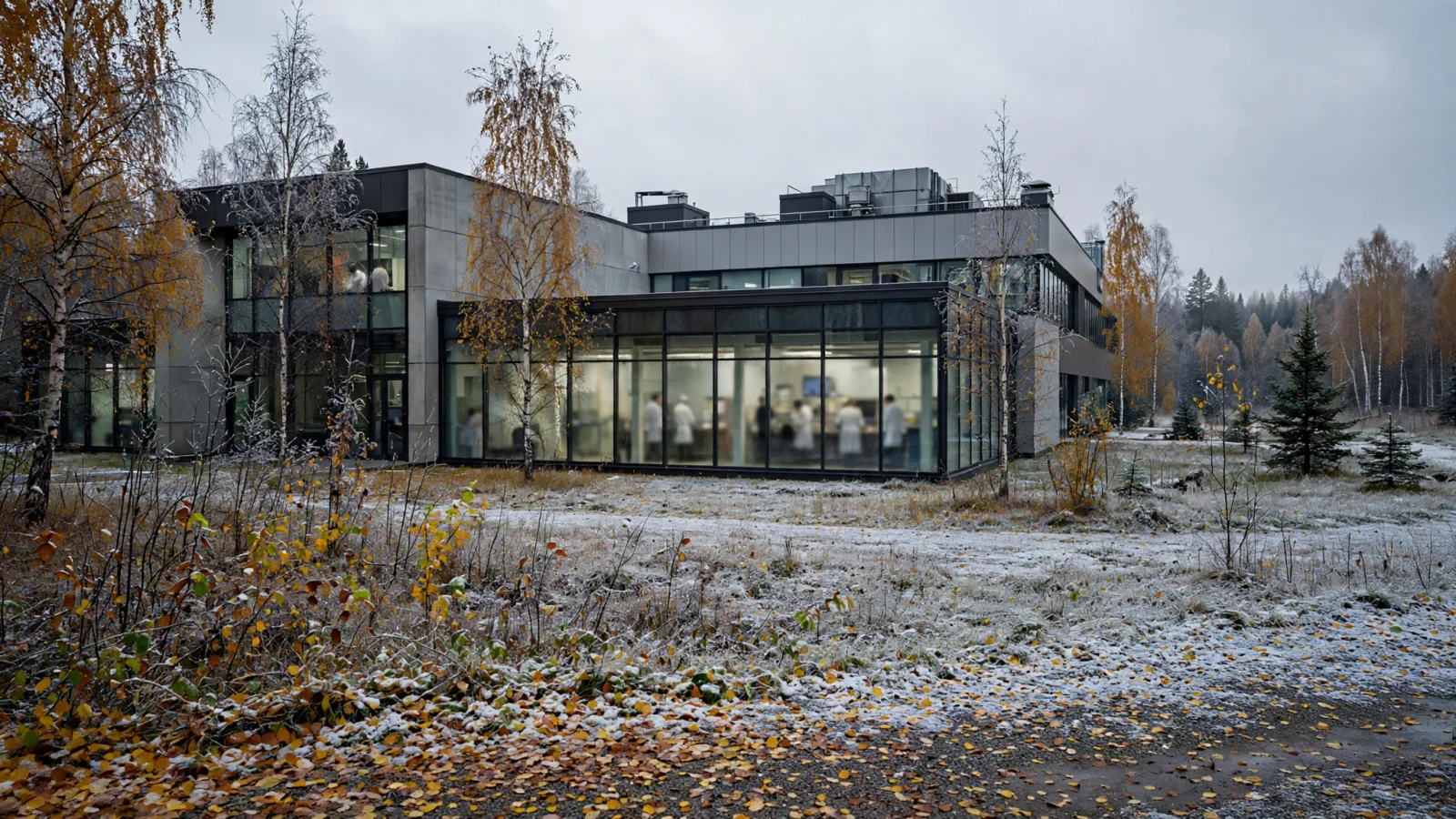A modern medical research laboratory building in Siberia in autumn, with light snow on the ground and researchers visible through glass windows