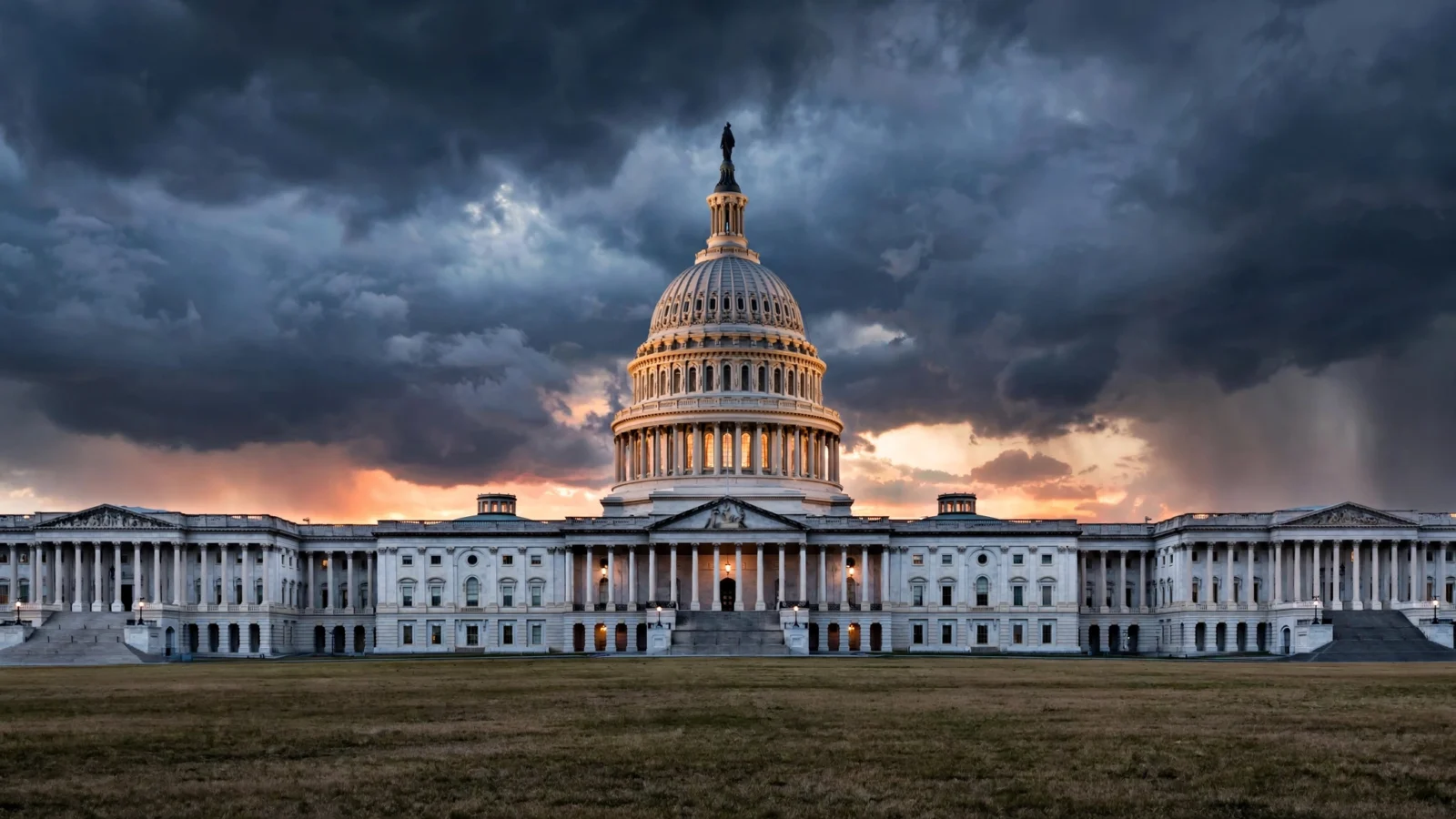 The United States Capitol building under a stormy sky at dusk.
