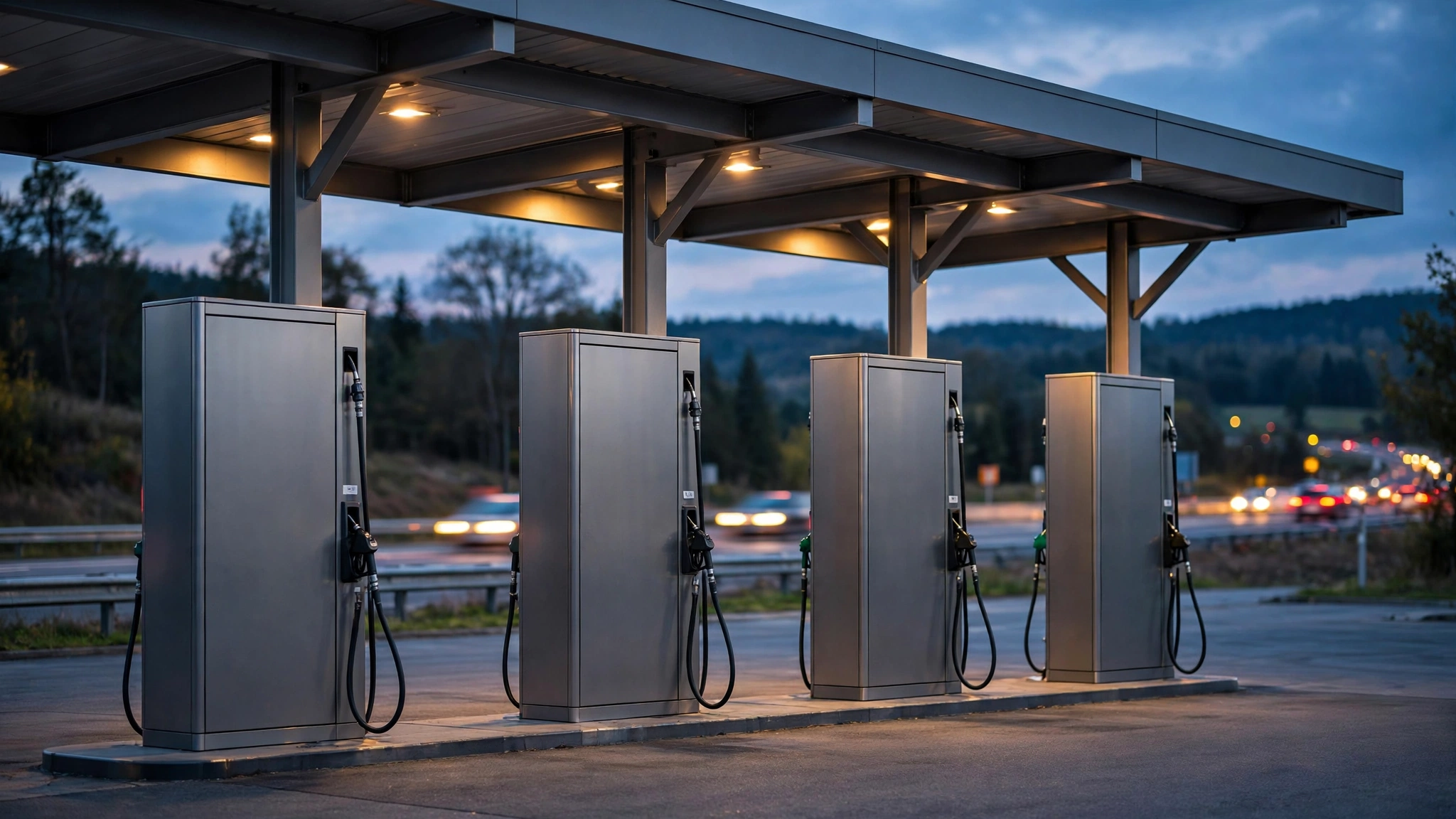 Generic fuel pumps under a canopy at a gas station at dusk.