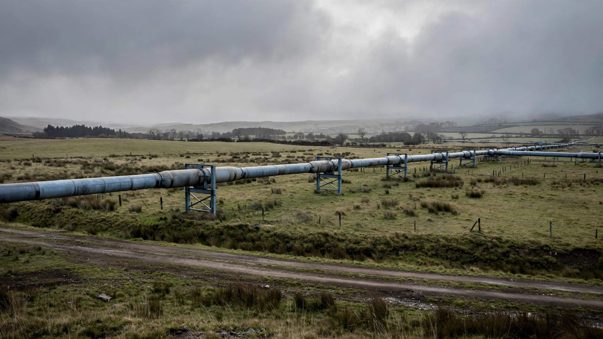 A steel oil pipeline crossing open countryside under a cloudy sky.