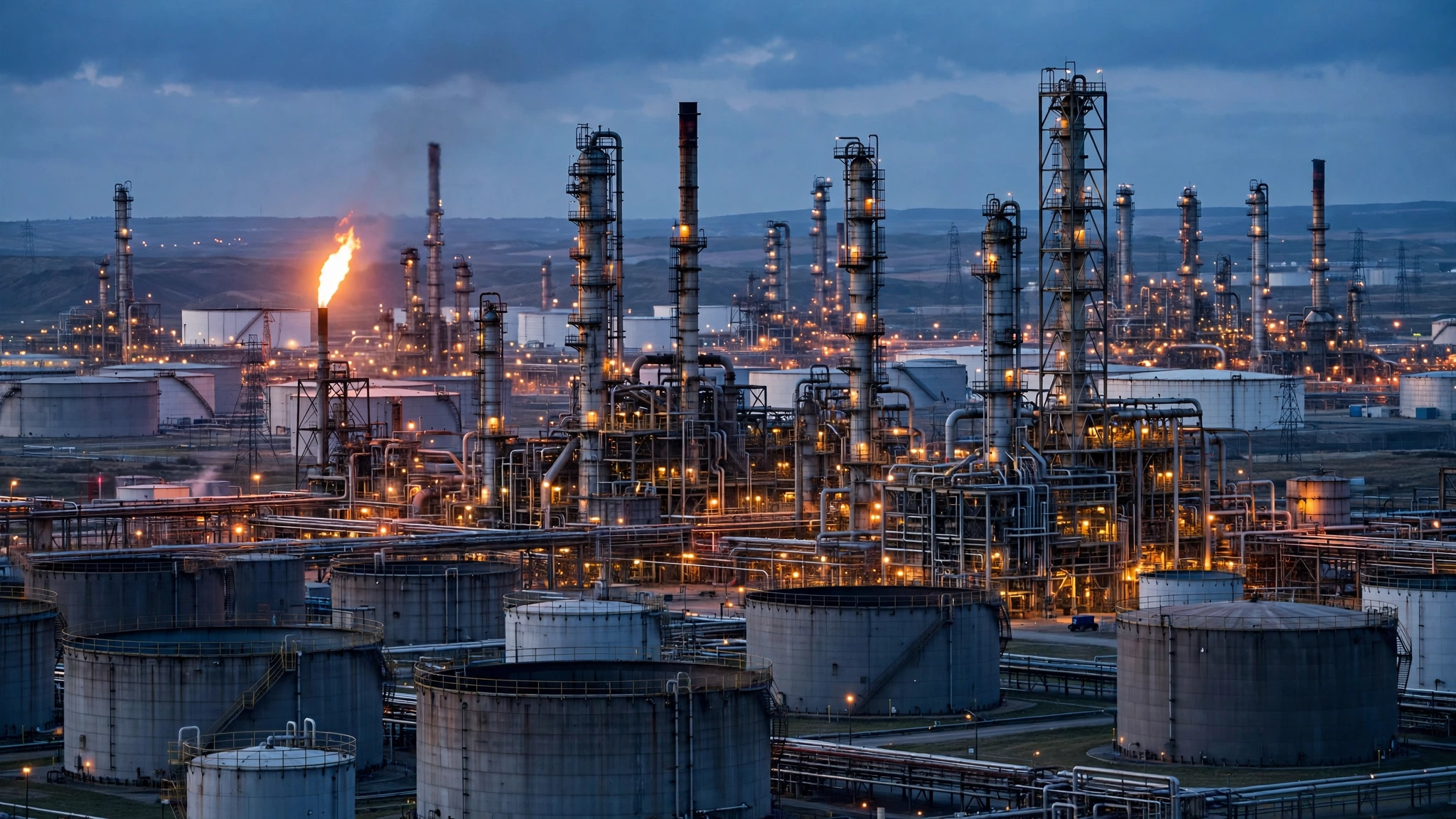 An oil refinery with storage tanks and distillation towers at dusk.