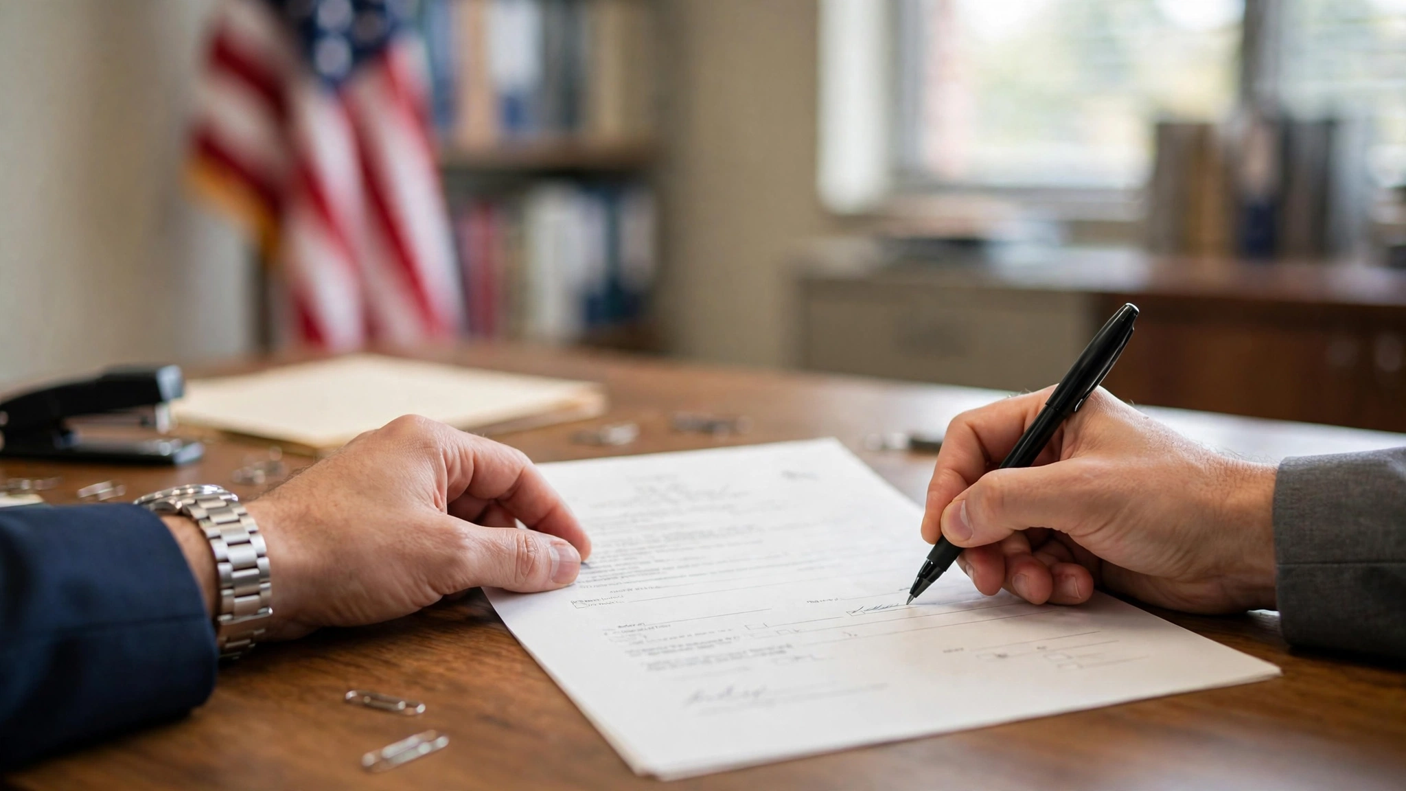 Hands signing an official document on a desk with a blurred American flag in the background.