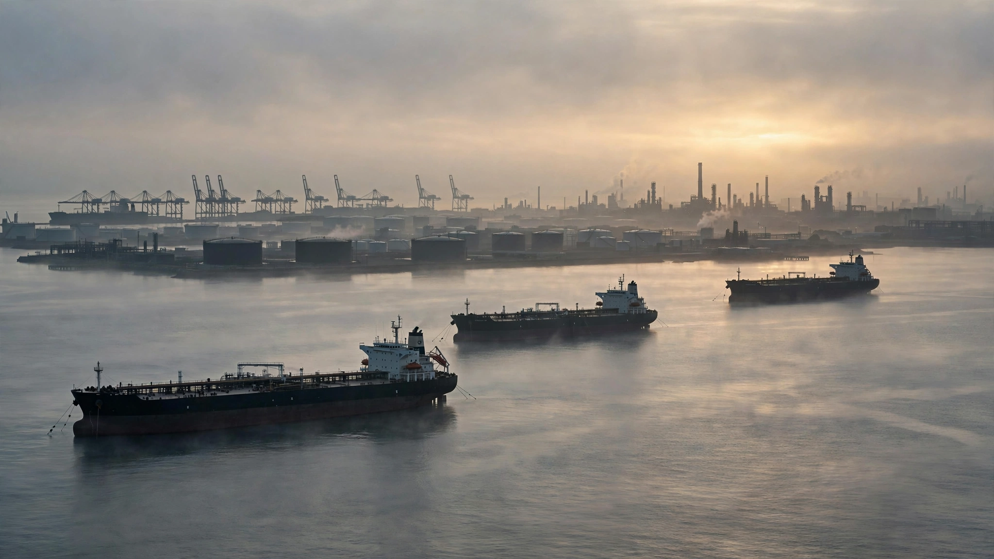 Oil tankers anchored offshore near an industrial refinery port at sunrise.