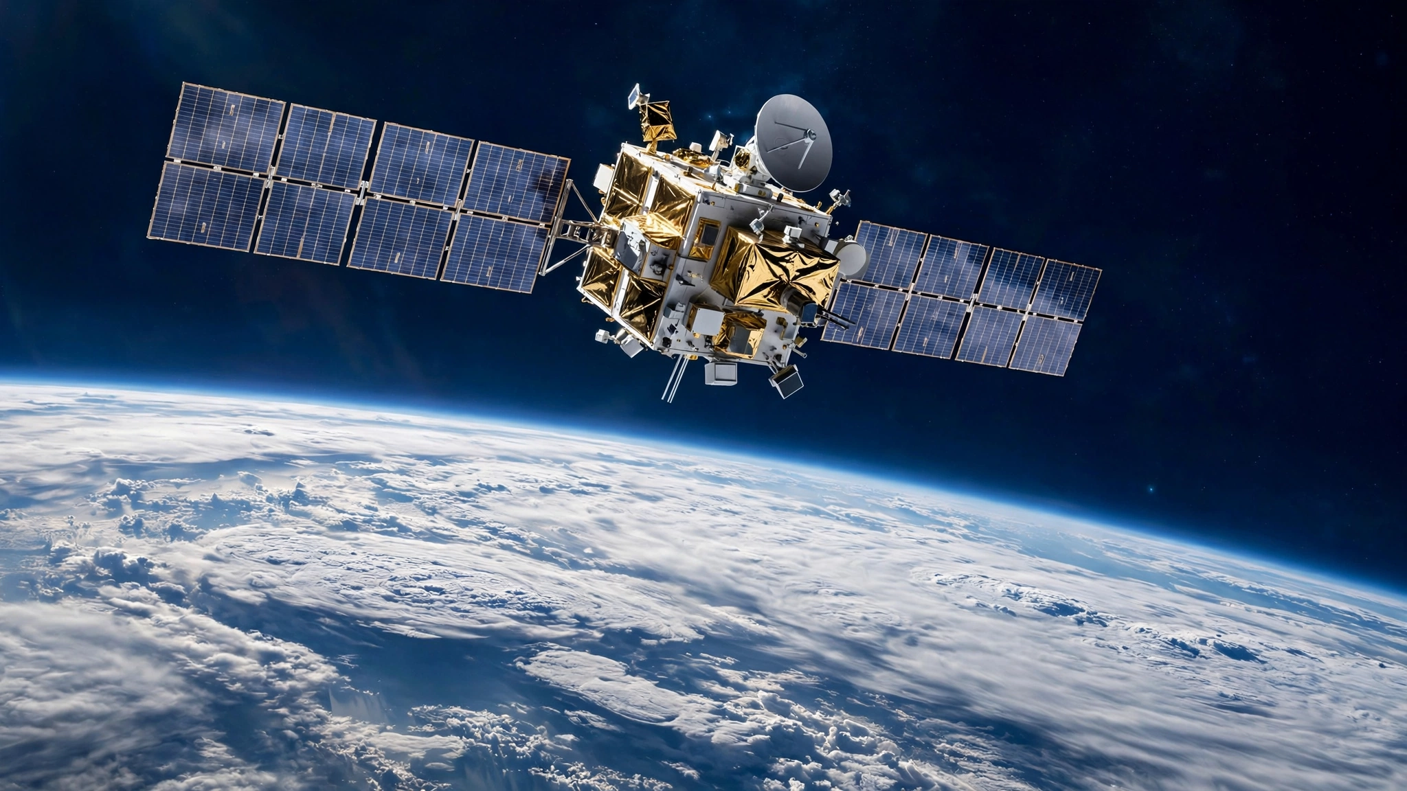 A communications satellite with solar panels in orbit above clouds over Earth.