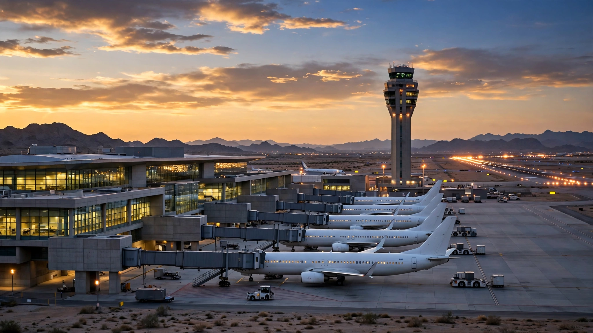 Passenger airliners parked at the gates of an airport terminal at dusk