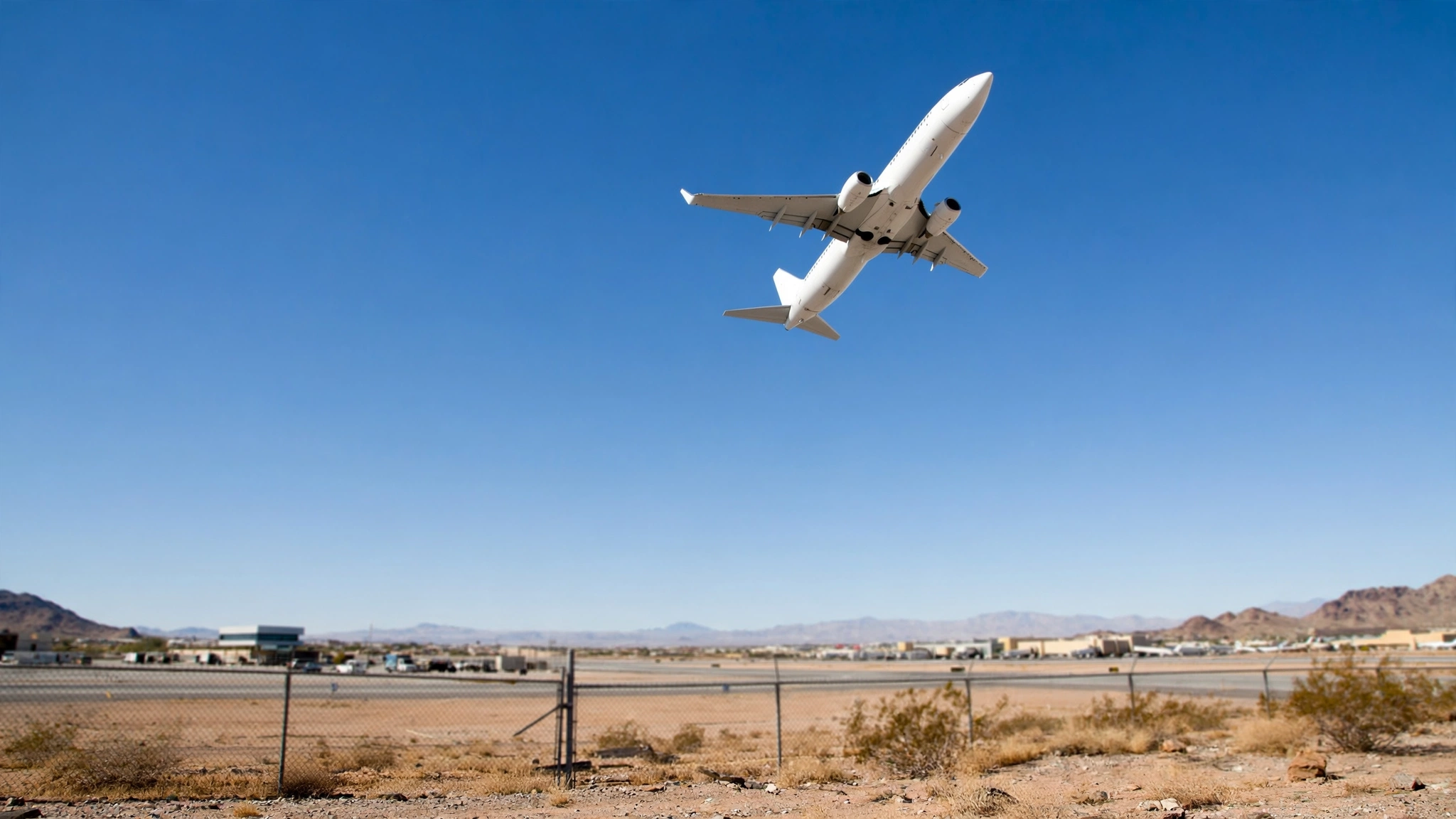 Commercial airliner climbing into the sky after takeoff from a desert airport