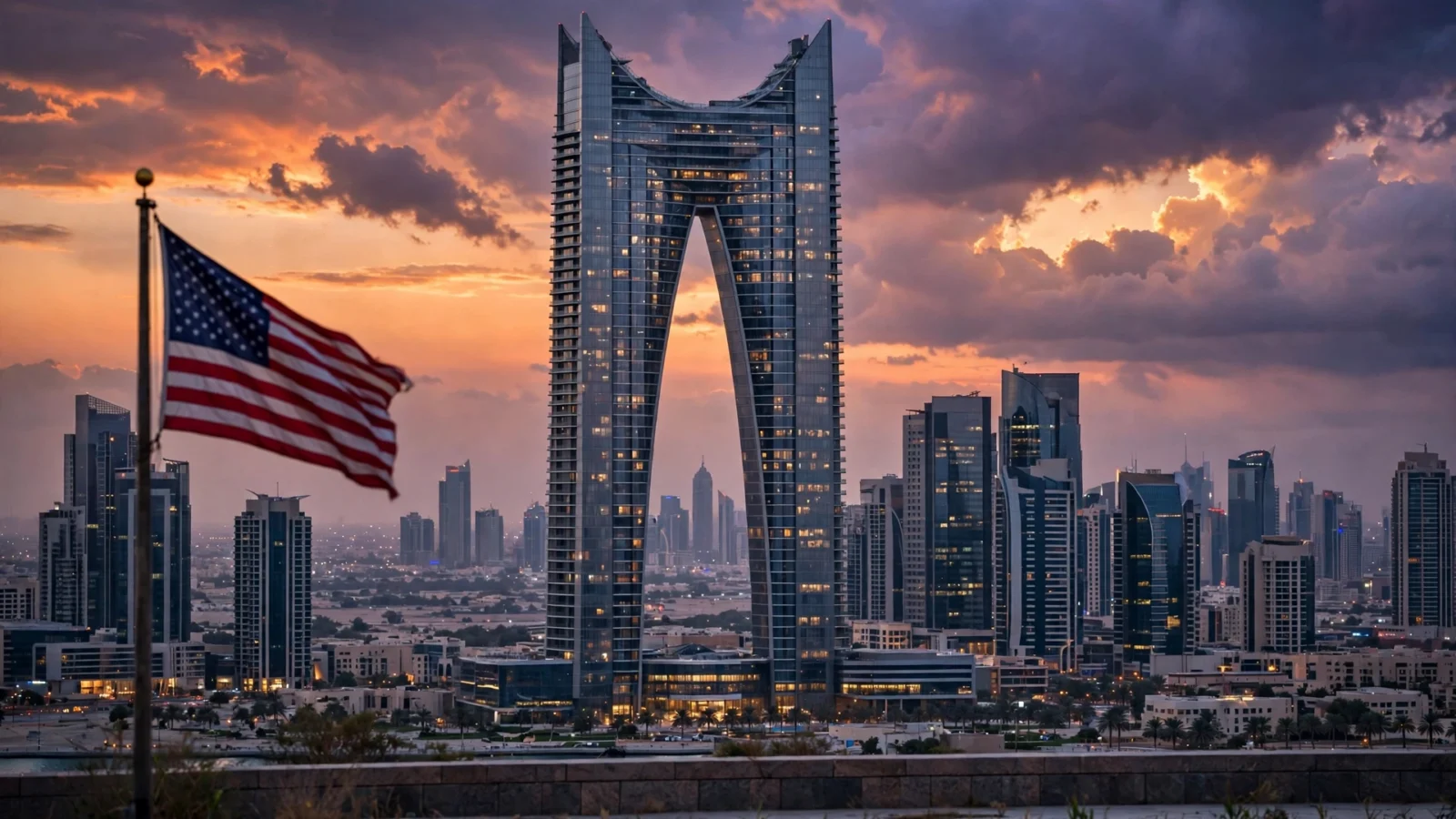 American flag waving on a flagpole in front of a modern Middle Eastern city skyline at dusk