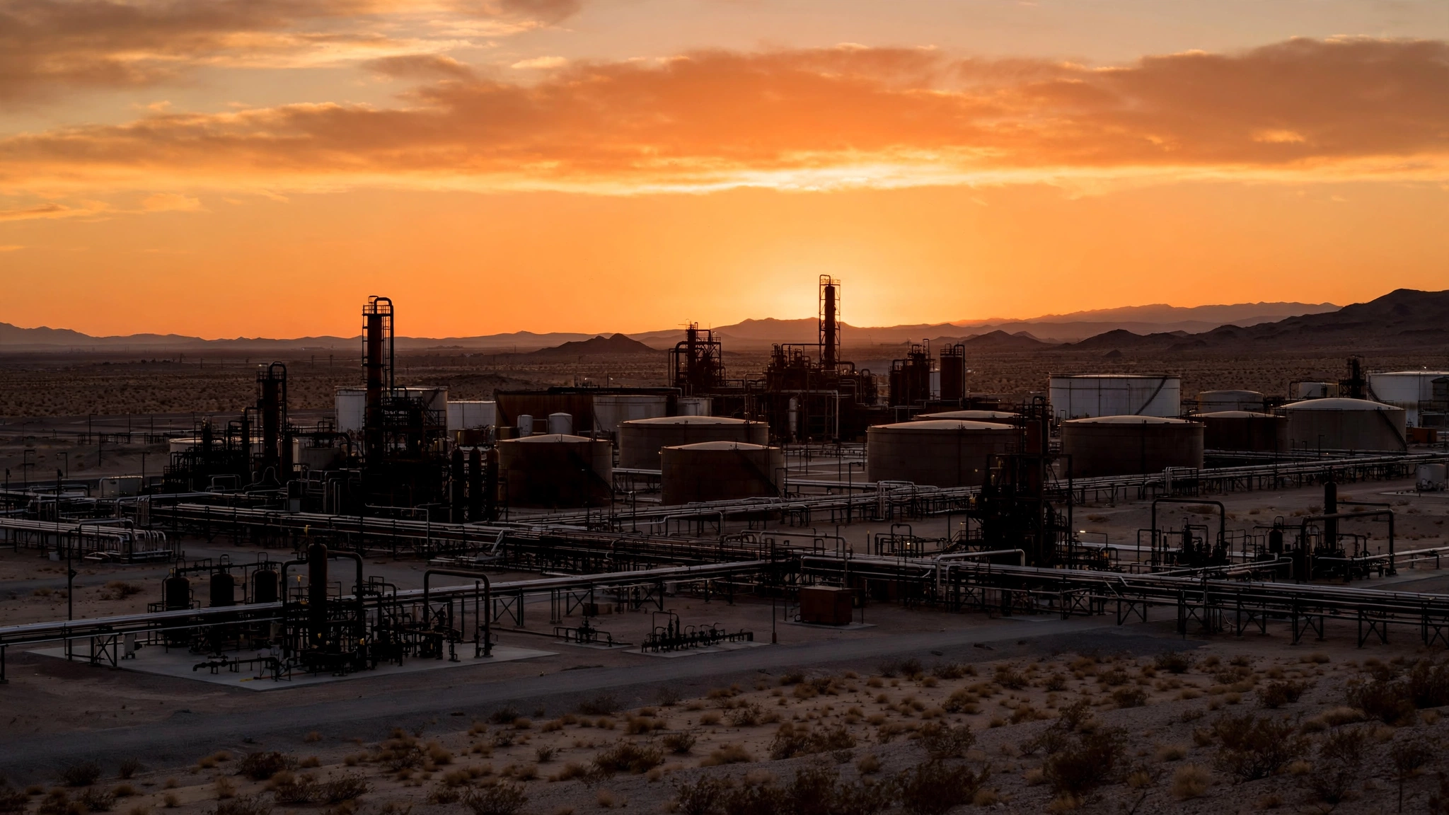 Oil processing facility with storage tanks and pipes in a desert at sunset