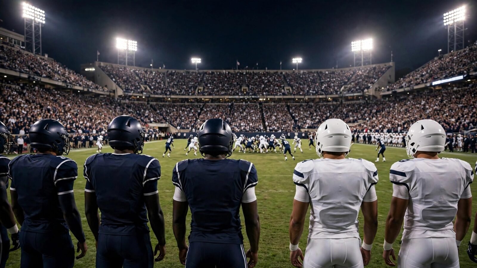 College football players in dark and white uniforms on the field of a packed stadium at night under bright floodlights.