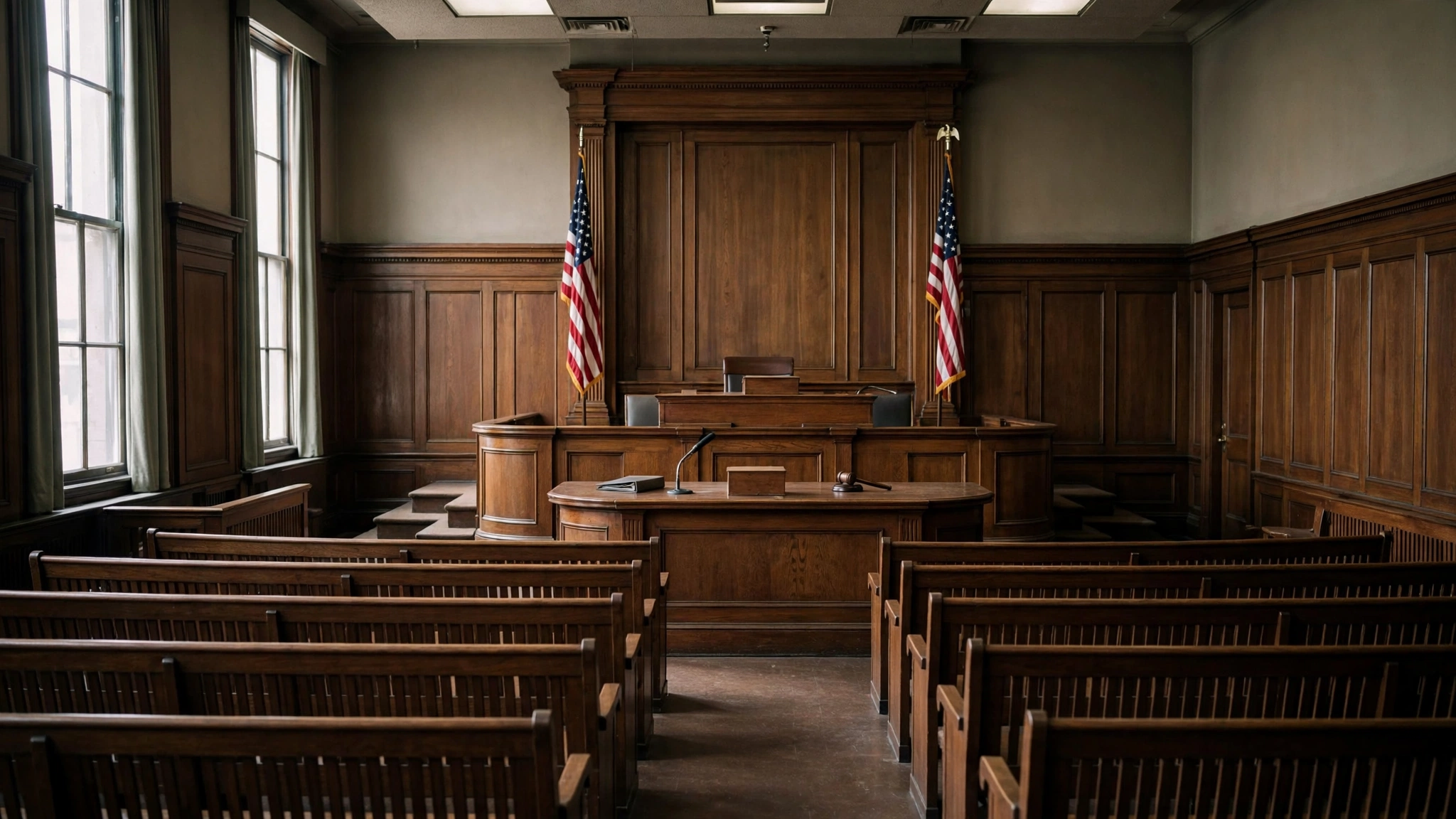 An empty courtroom with a wooden judge's bench, American flags and rows of benches