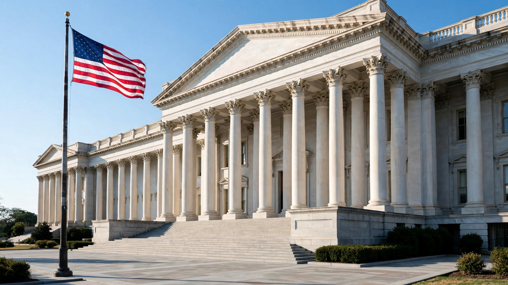 An American flag flying beside the columned facade of a federal government building