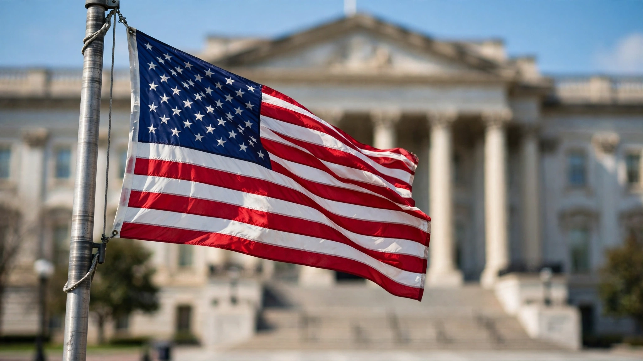 An American flag waving on a flagpole with a neoclassical government building blurred behind it
