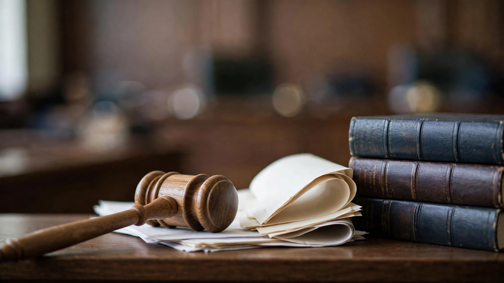 A wooden gavel lying beside curled legal papers and a stack of leather-bound law books