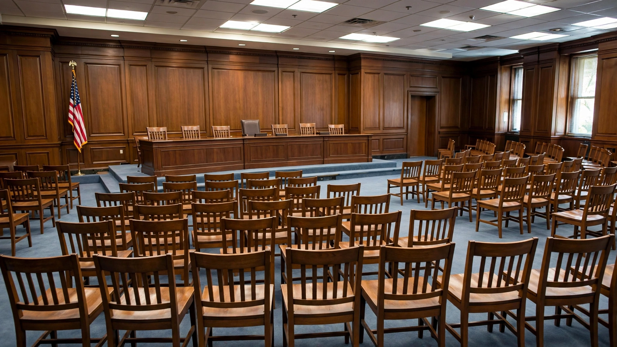 An empty wood-paneled hearing room with rows of chairs and an American flag near the officials table