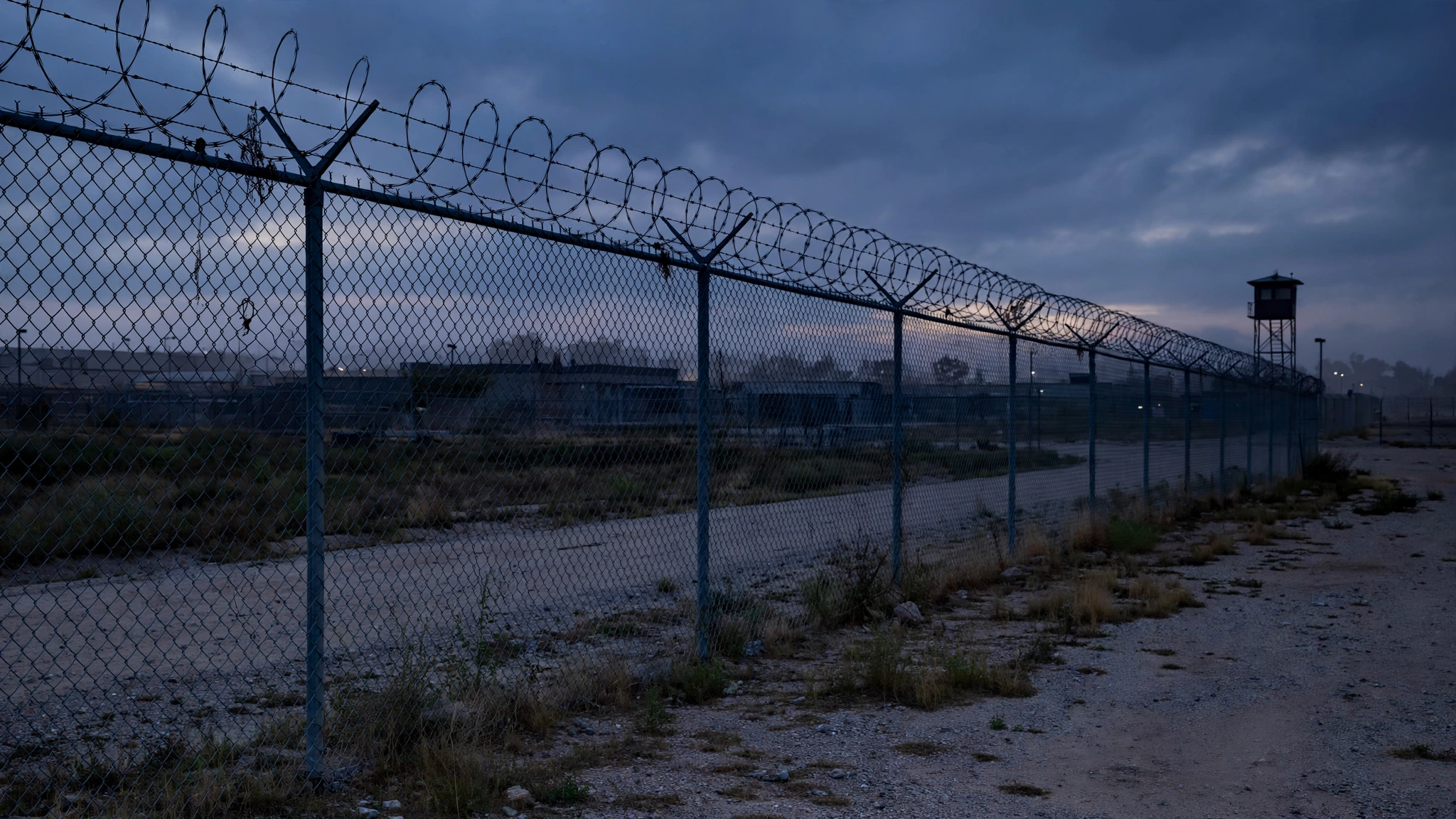 A tall chain-link fence topped with barbed wire around a correctional facility at dusk, with a guard tower in the distance