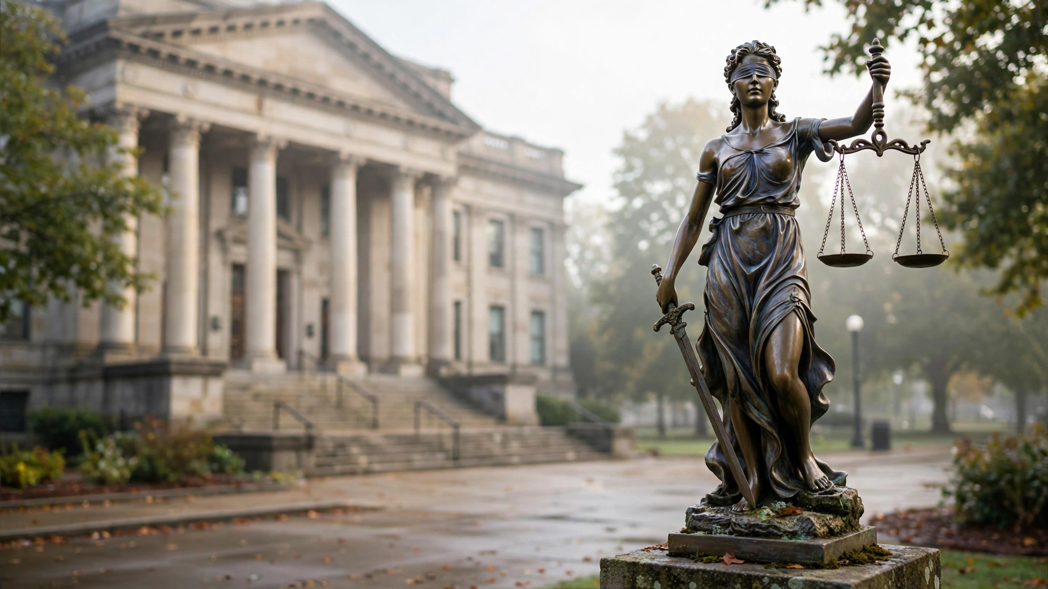 A blindfolded bronze statue of Lady Justice holding scales and a sword in front of a courthouse