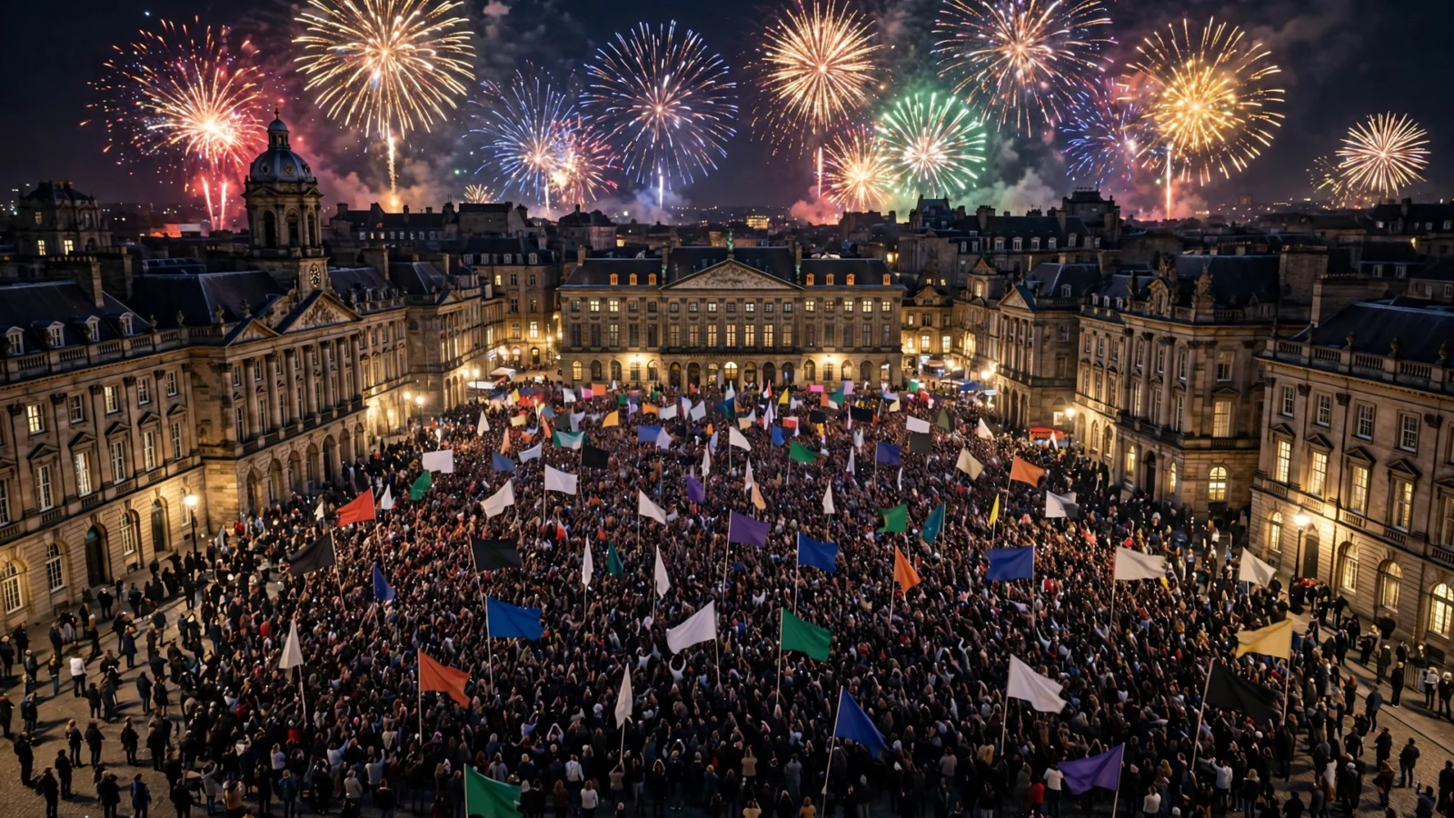 A large crowd fills a city square at night under fireworks, waving plain flags