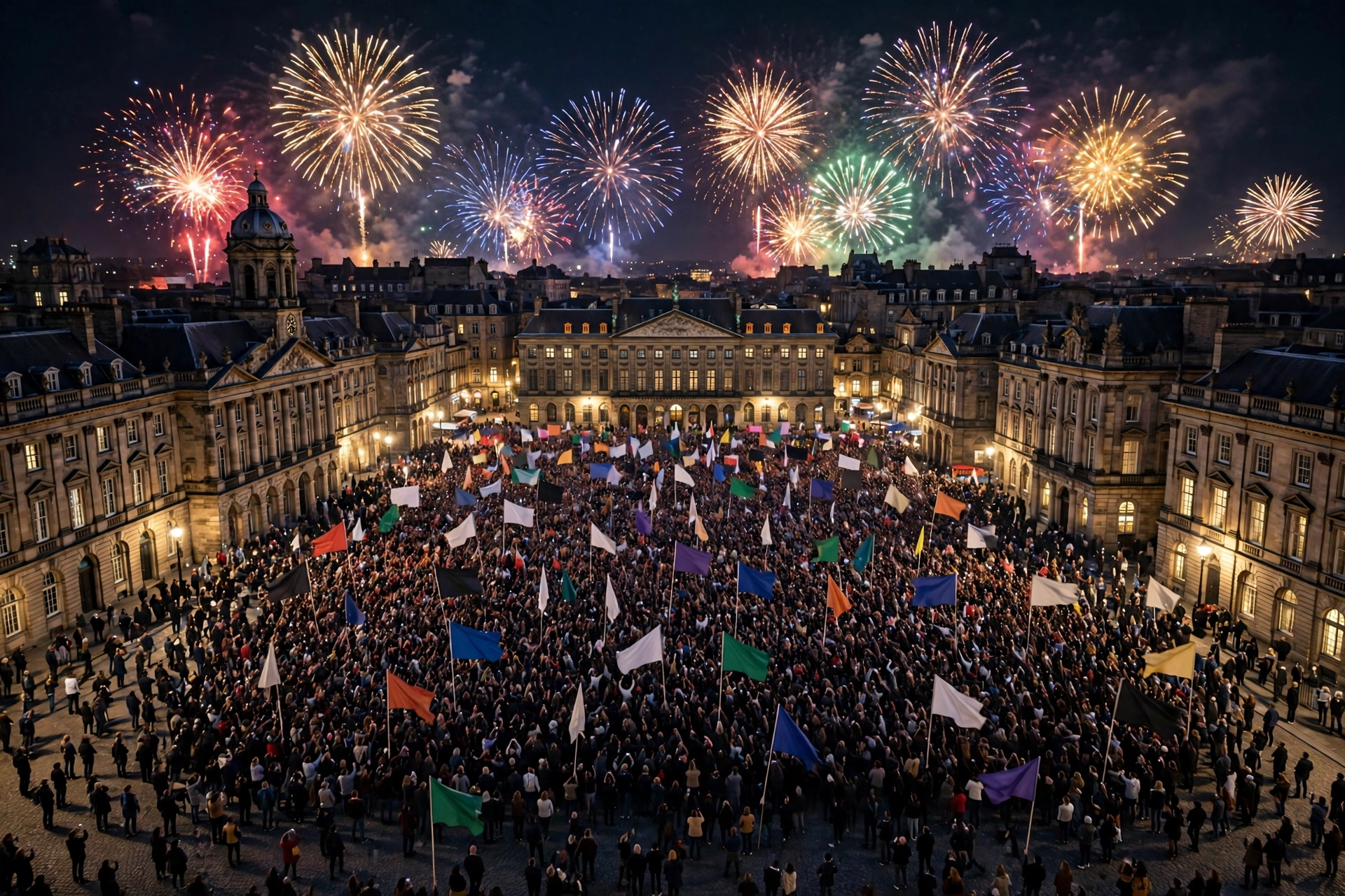 A large crowd fills a city square at night under fireworks, waving plain flags