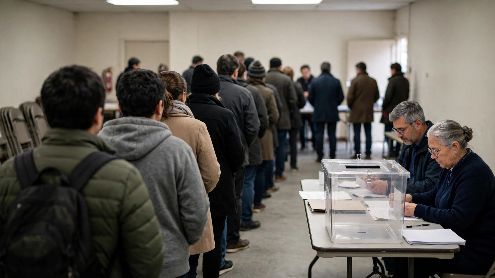 Voters stand in line beside a clear ballot box inside a polling station