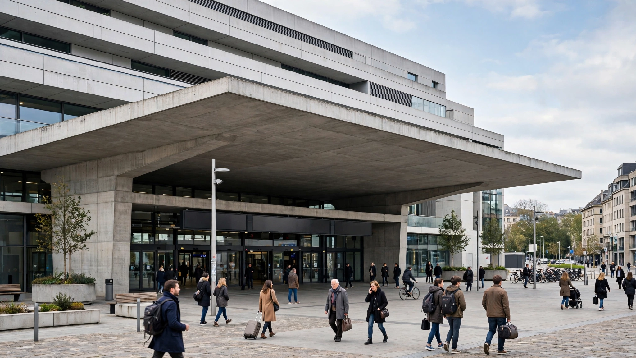 A modern train station building with a wide concrete canopy over its entrance