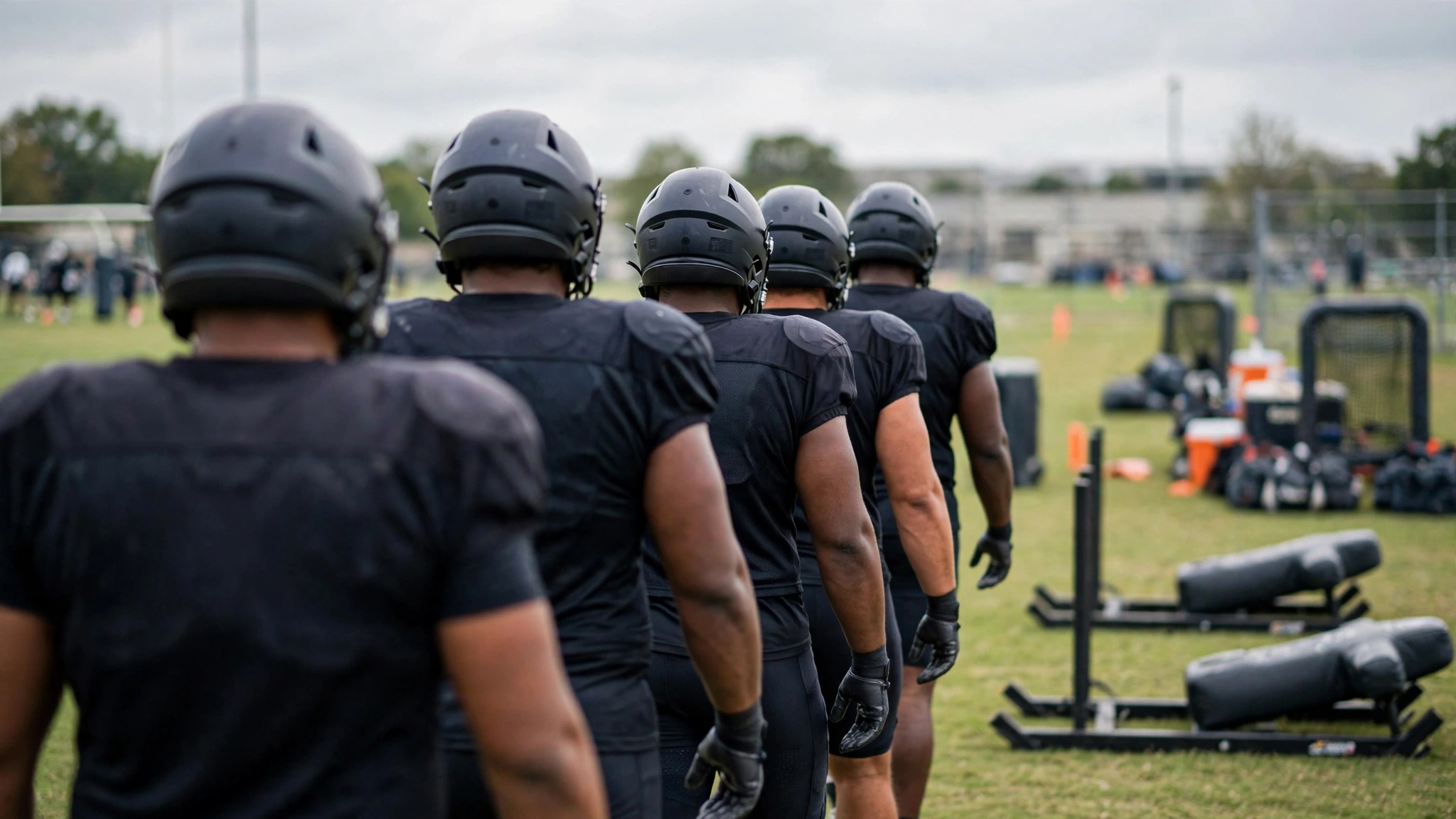 Football players in plain dark uniforms and helmets seen from behind walking on a grass practice field with training equipment nearby.
