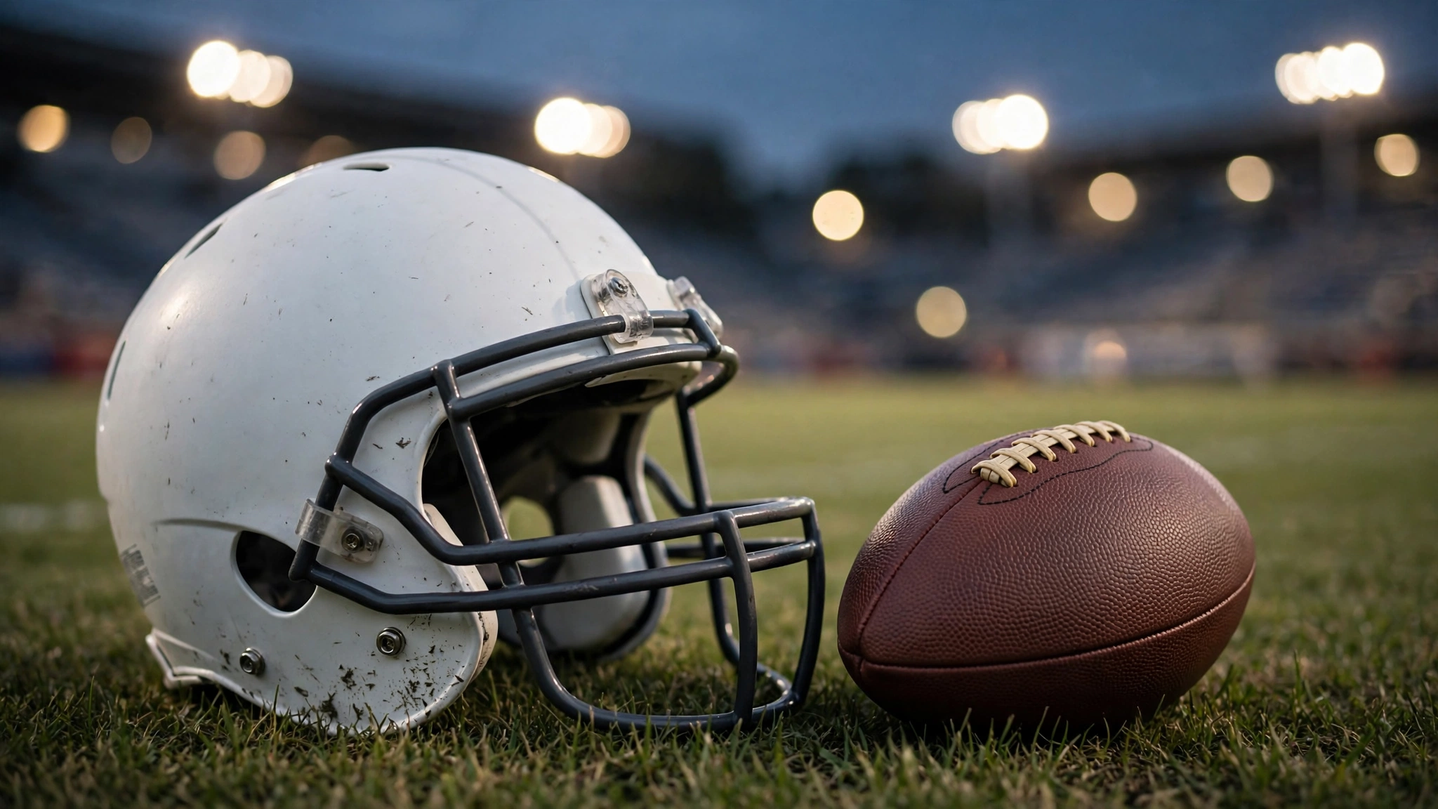 A plain white football helmet and a brown football resting on grass with stadium lights blurred in the background.