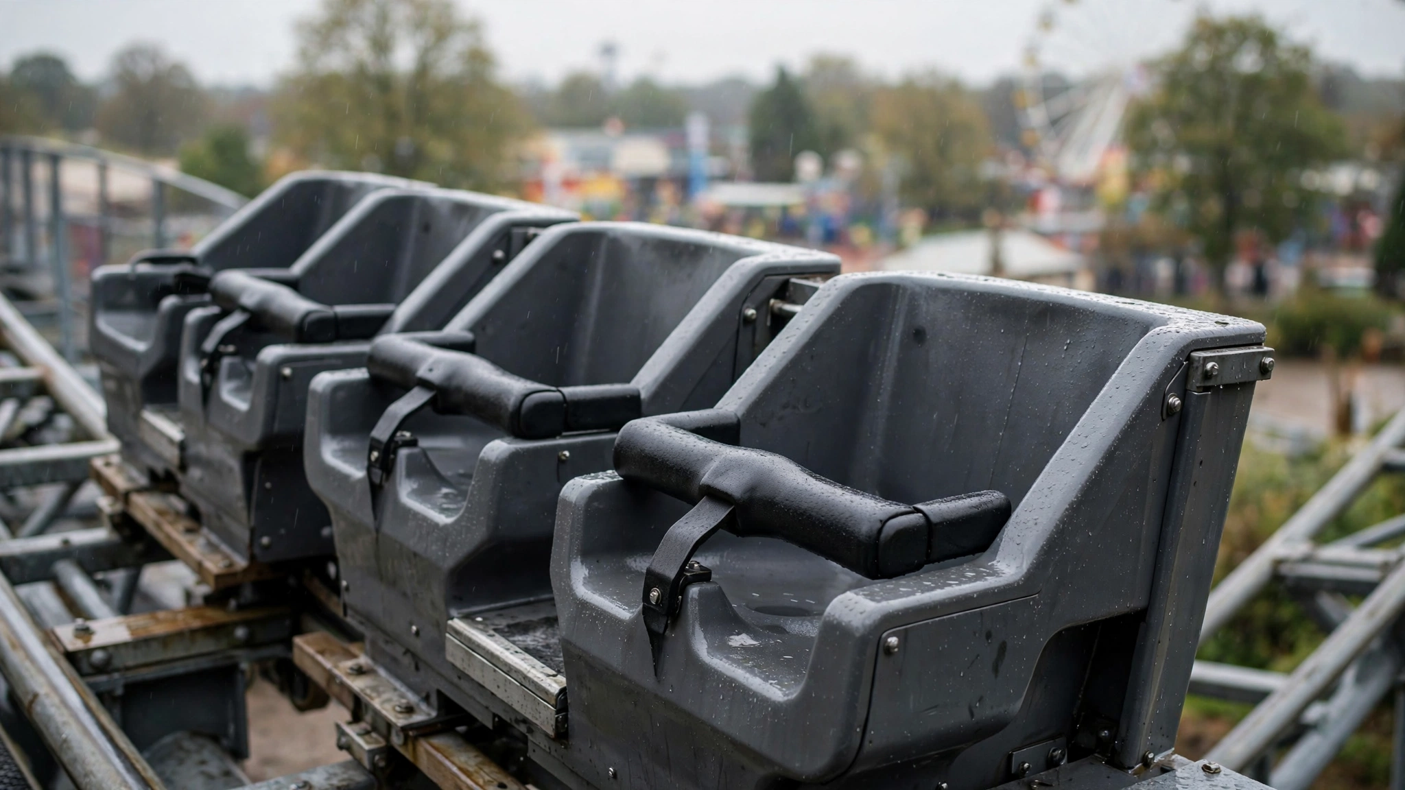 Empty roller coaster train cars with lap-bar restraints on a steel track