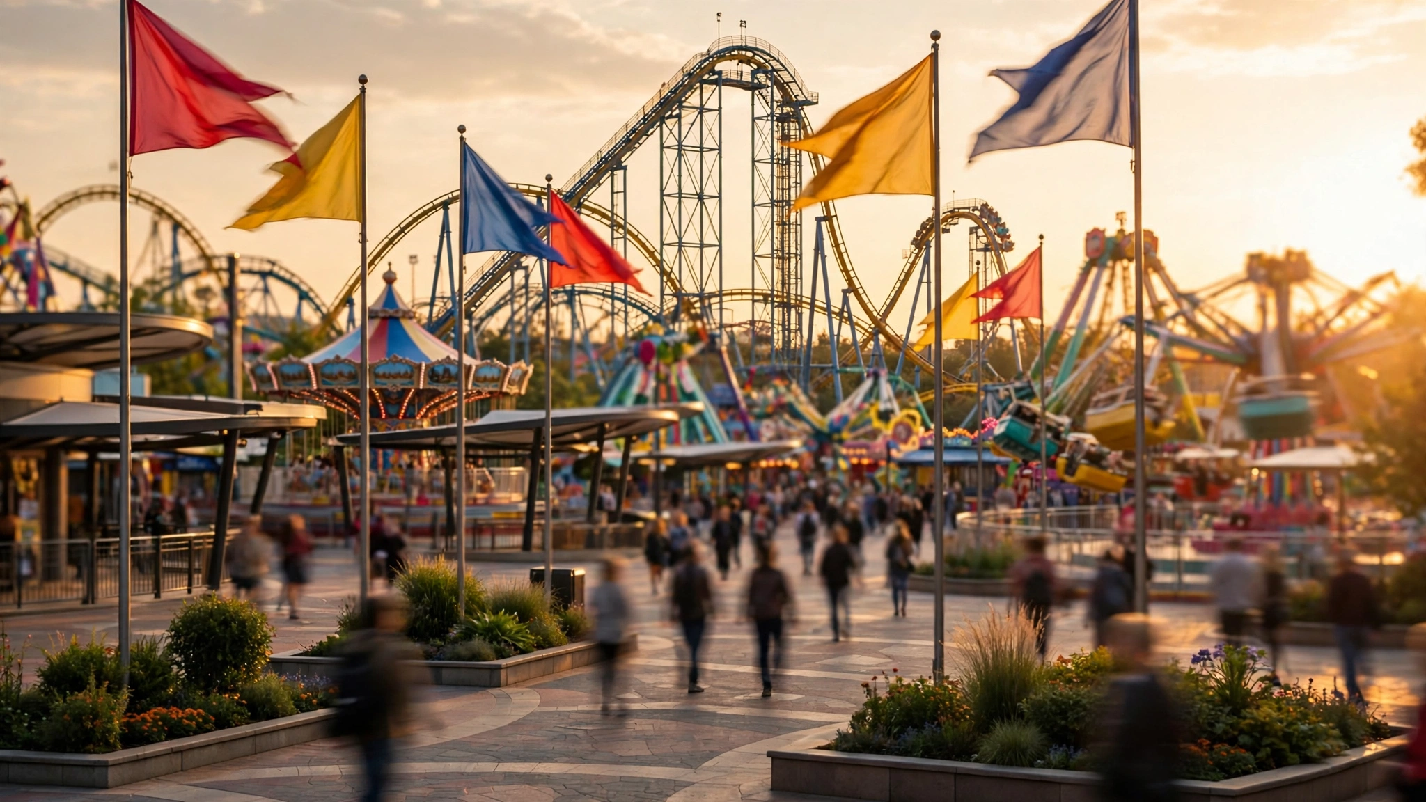 Amusement park plaza with flags, rides and blurred visitors at golden hour