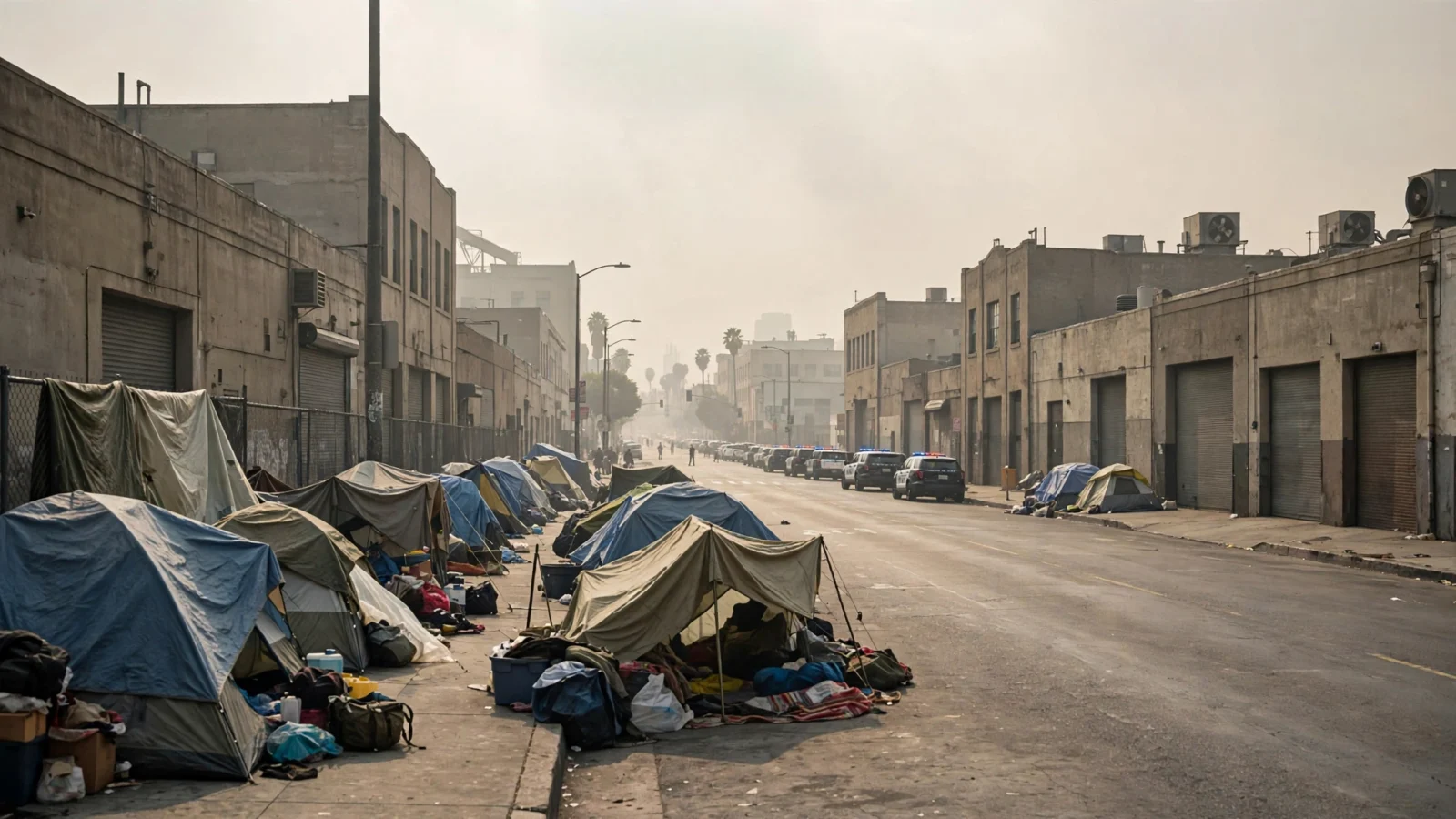 A downtown Los Angeles street lined with sidewalk tents and low warehouse buildings, with police vehicles parked in the distance under hazy daylight.