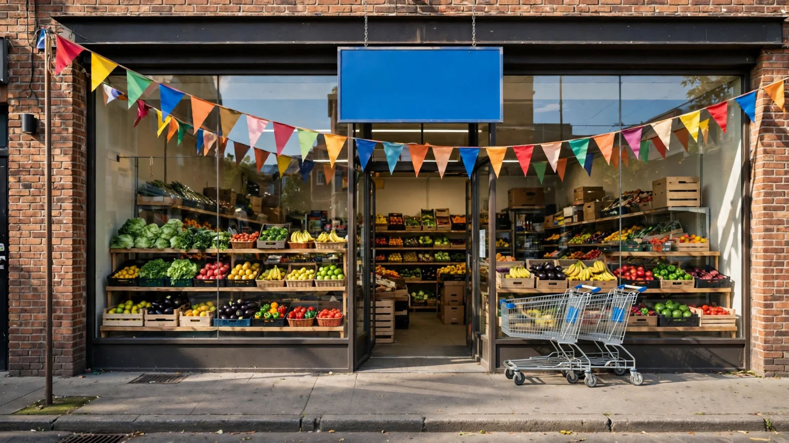 Exterior of a small neighborhood grocery store with produce displays in the windows, pennant flags above the sidewalk and shopping carts by the door